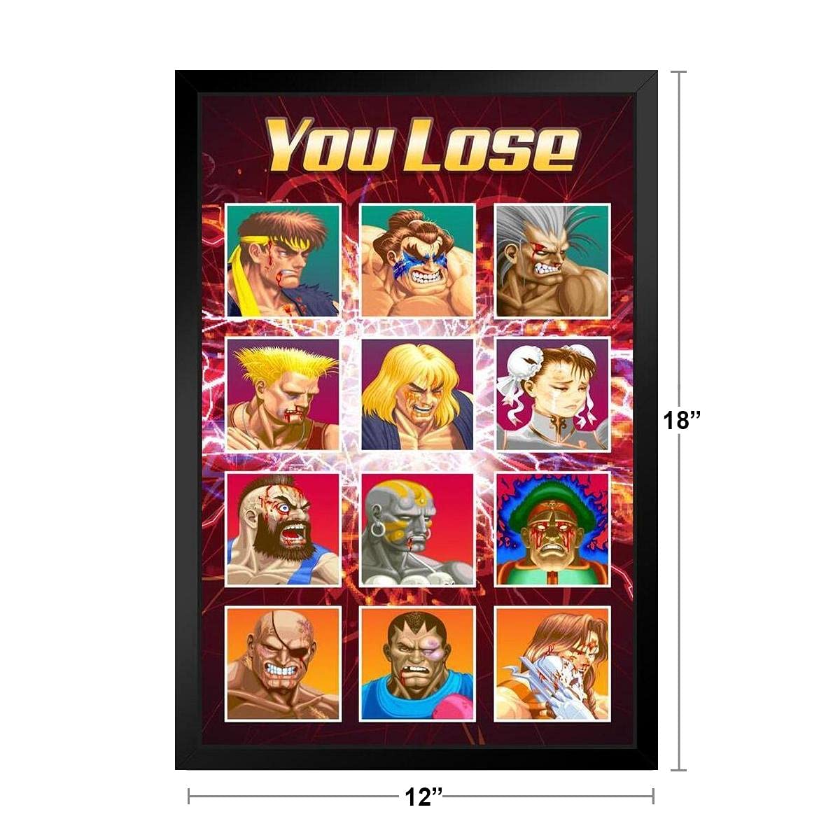 Street Fighter 'You Lose' Defeated Challengers CAPCOM Video Game Wall Art - Classic Fighting Game Merchandise, Black Wood Framed Poster 14x20 Inches - Perfect for Gamers Room, Man Cave & Arcade Themed Decor