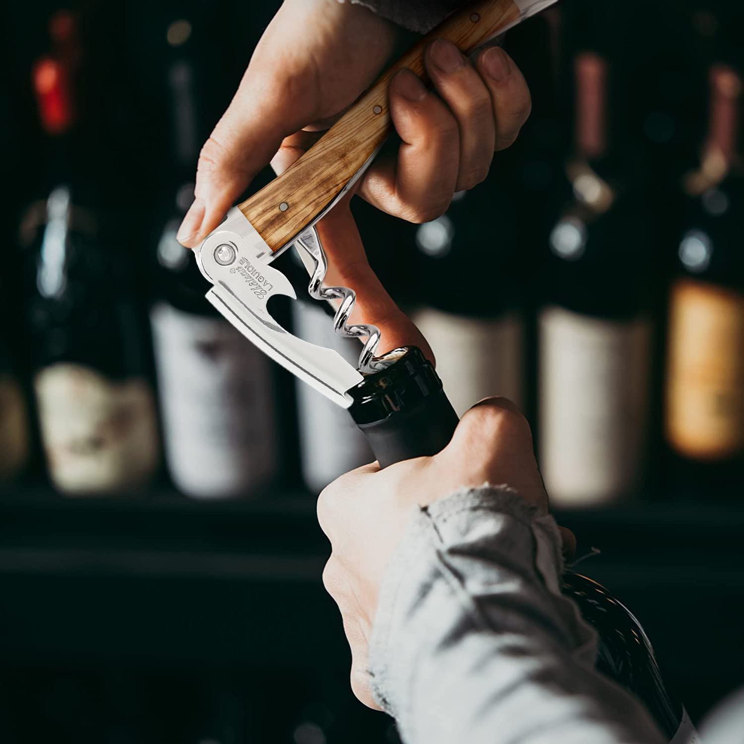 Chateau Laguiole Classic French Wine Opener - Premium Olive Wood Corkscrew with Leather Sheath & Gift Box - Perfect for Wine Lovers, Dinner Parties & Gifts