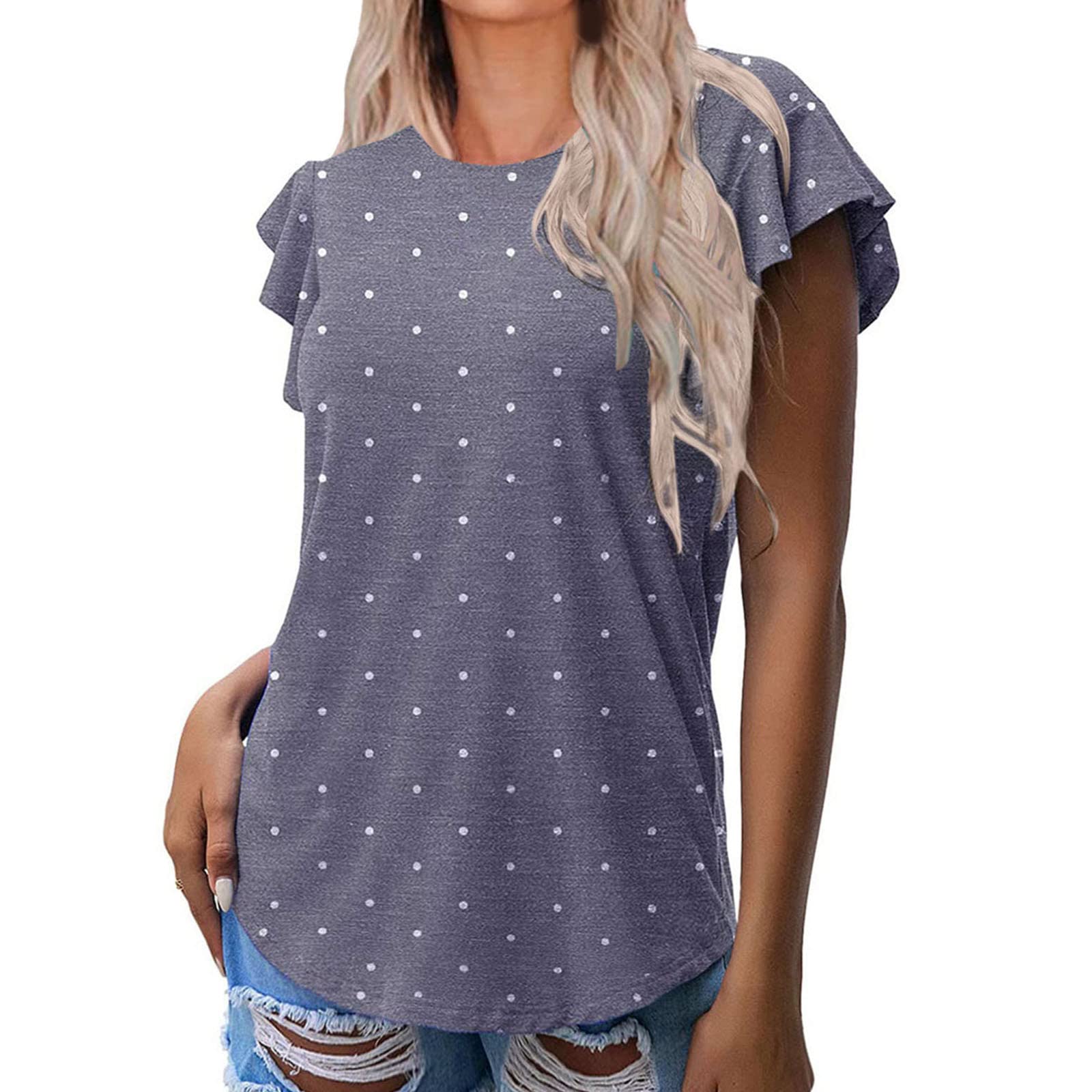 Women's Summer Casual Short Sleeve Ruffle Blouse - Round Neck Printed T-Shirt & Top for Beach, Vacation, and Everyday Wear