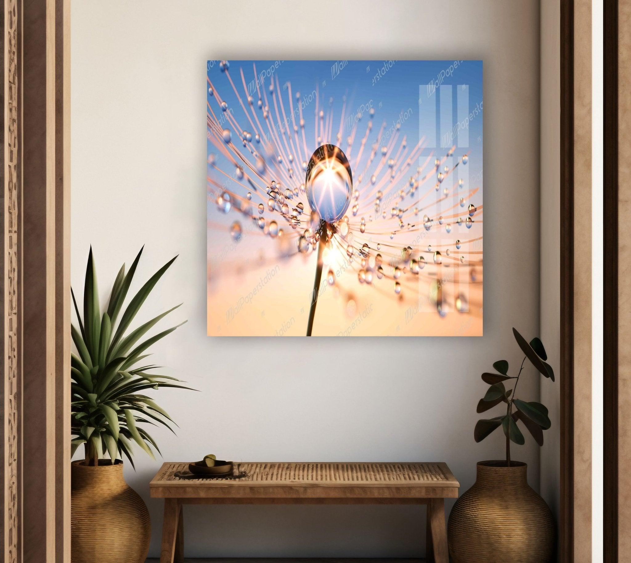 Dandelion Glass Wall Art with Sun Drops - Handmade Nature-Inspired Decor for Living Room, Bedroom, or Office