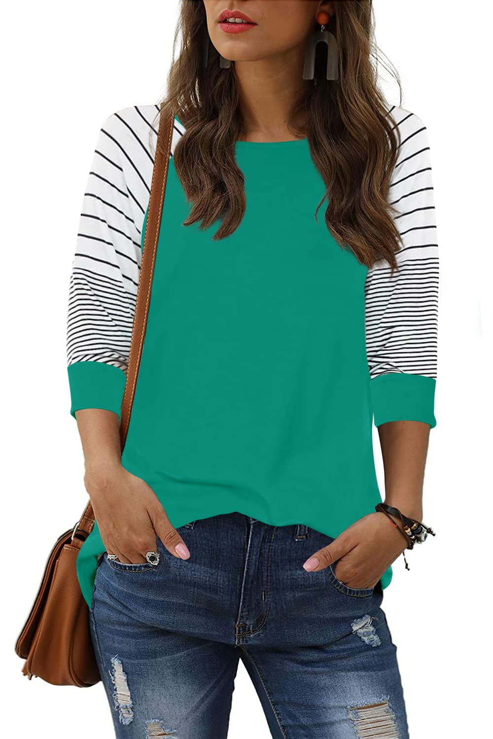 ReachMe Women's Striped 3/4 Sleeve Raglan T-Shirt - Casual Round Neck Tee for Everyday Wear, Work & Weekend Outfits