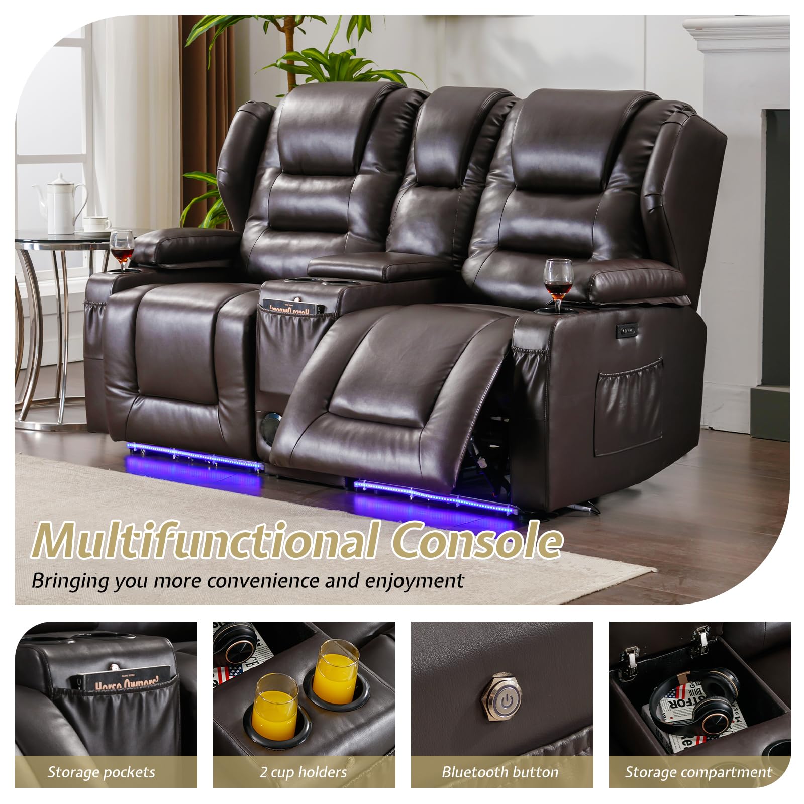 Power Reclining Loveseat Sofa with Adjustable Split Back, USB Chargers, Bluetooth Speakers & LED Lights – Home Theater Seating with Storage & Cup Holders – Perfect for Living Room, Media Room & Home Theater Comfort