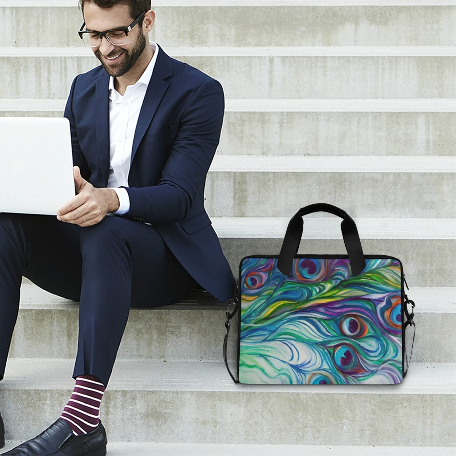 Stylish Peacock Feather Print Laptop Messenger Bag - 13 14 15.6 Inch Crossbody Briefcase with Adjustable Shoulder Strap for Men & Women - Perfect for Work, School, Travel & Business Meetings