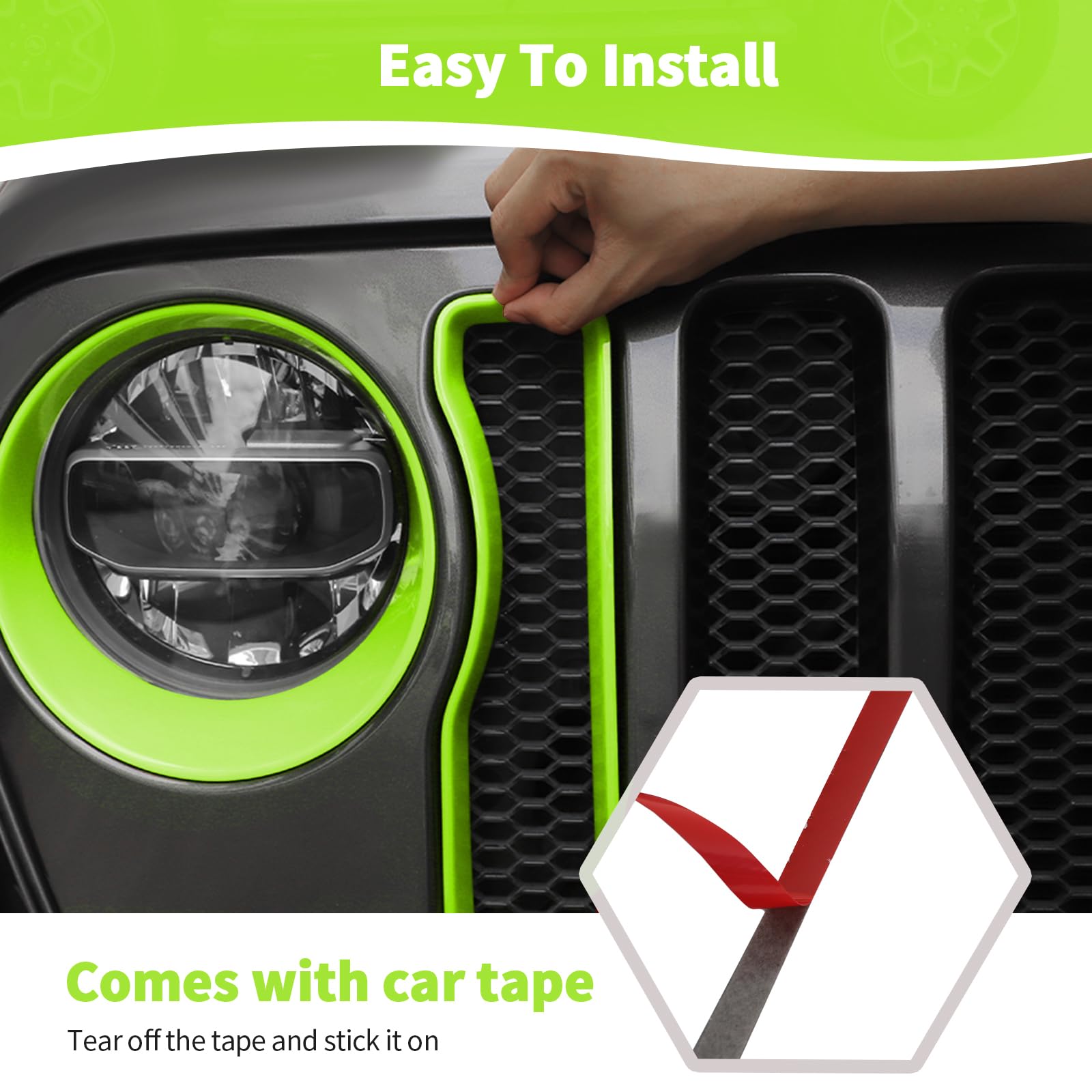 RT-TCZ Mesh Front Grille Grill Insert & Headlight Cover Trim for Jeep Wrangler JL/JLU (2018-2022) - 9-Piece Green Exterior Accessories Kit for Off-Road Protection & Style Enhancement