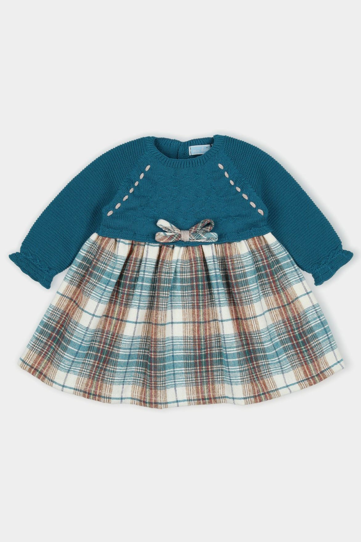 Thelma Deep Teal Half Knit Tartan Dress - Stylish Women's Fashion for Casual Outings & Holiday Parties