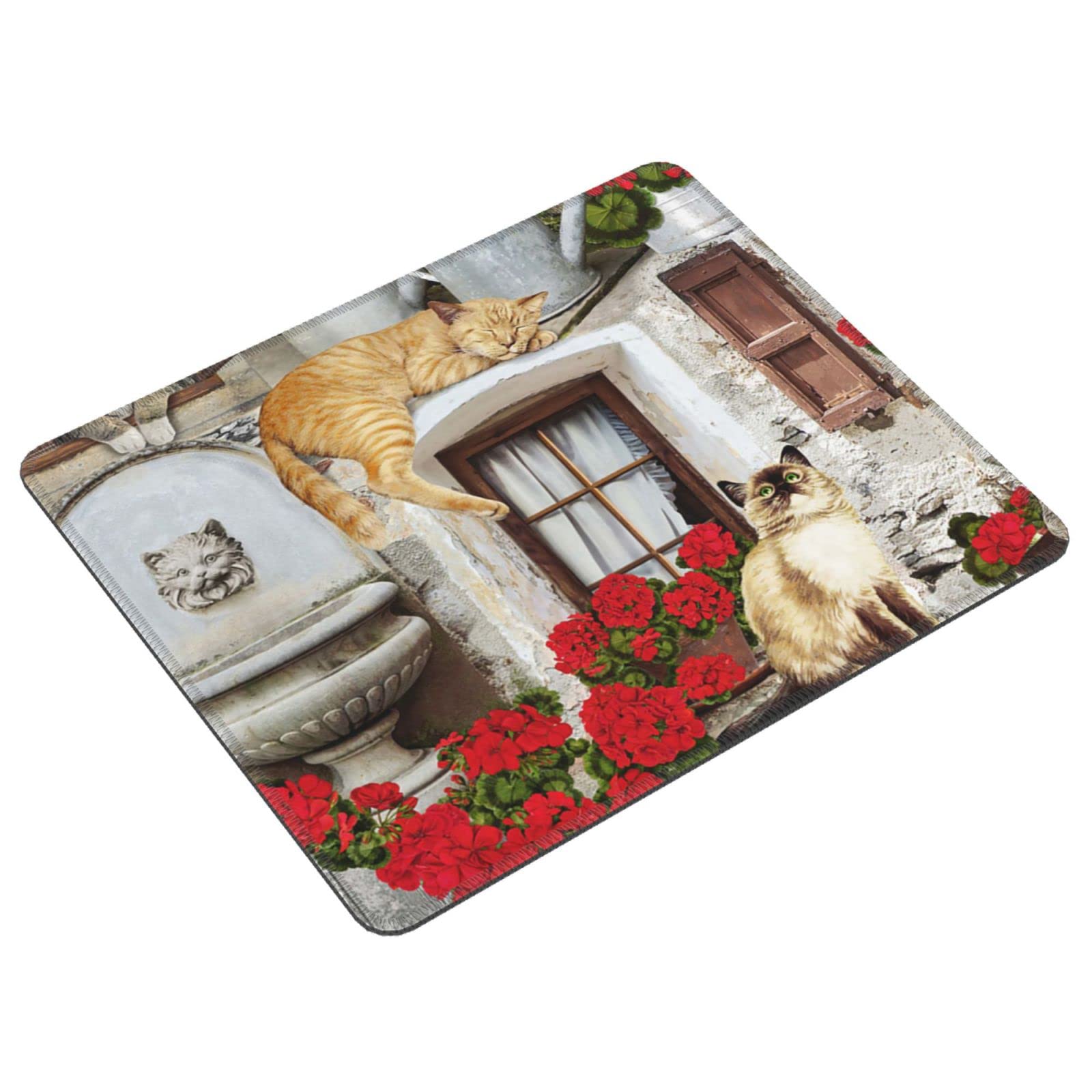 Vintage Floral Cat Mouse Pad with Stitched Edge - Non-Slip Desk Mat for Office Work & Gaming - 7.9 x 9.5 Inches - Perfect for Computer, Laptop & Home Office Use