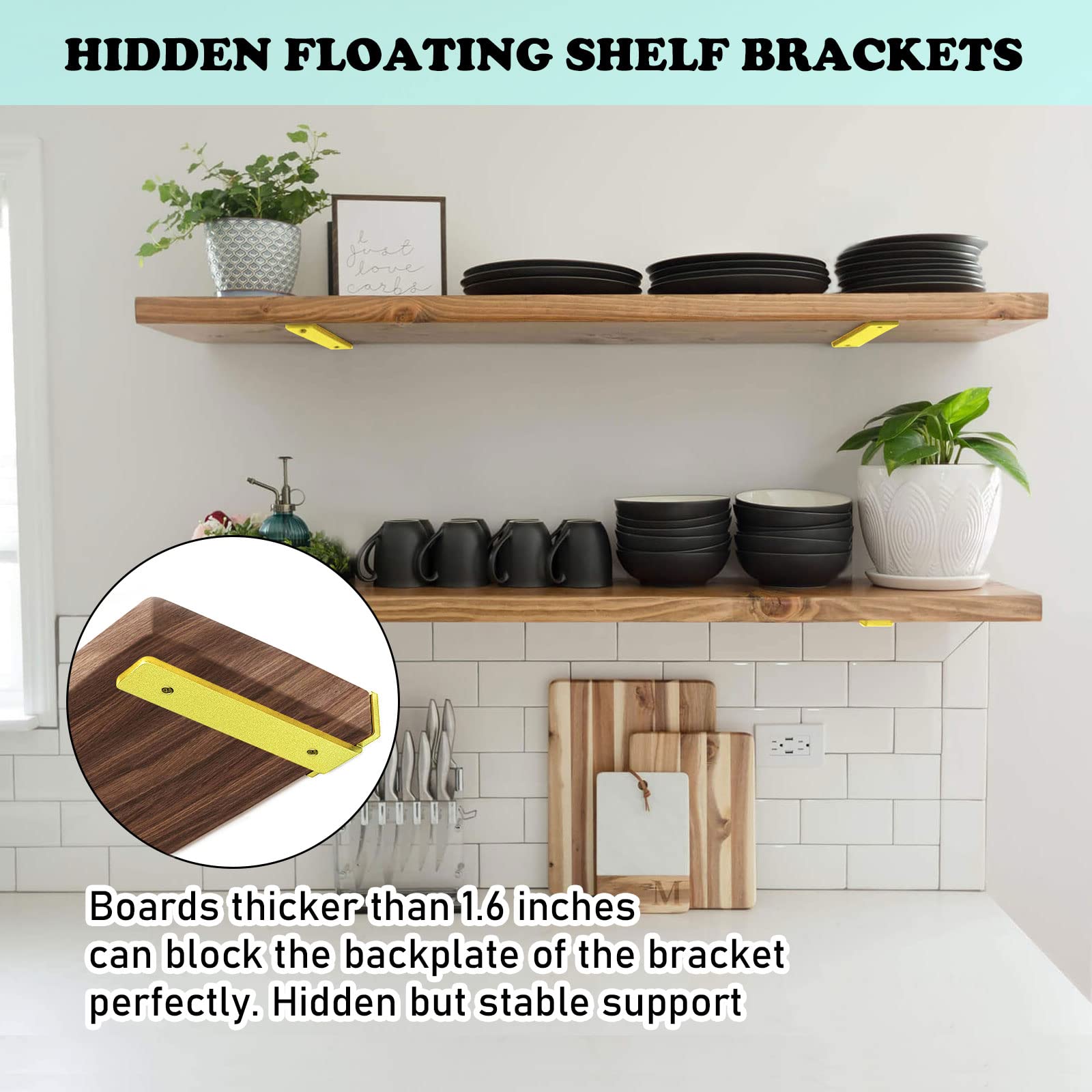 Heavy-Duty 5-Inch Floating Shelf Brackets - 0.2-Inch Thick Gold L-Shaped Steel Shelving Supports (6 Pack) - Perfect for Home Organization, Kitchen Storage & Wall Decor