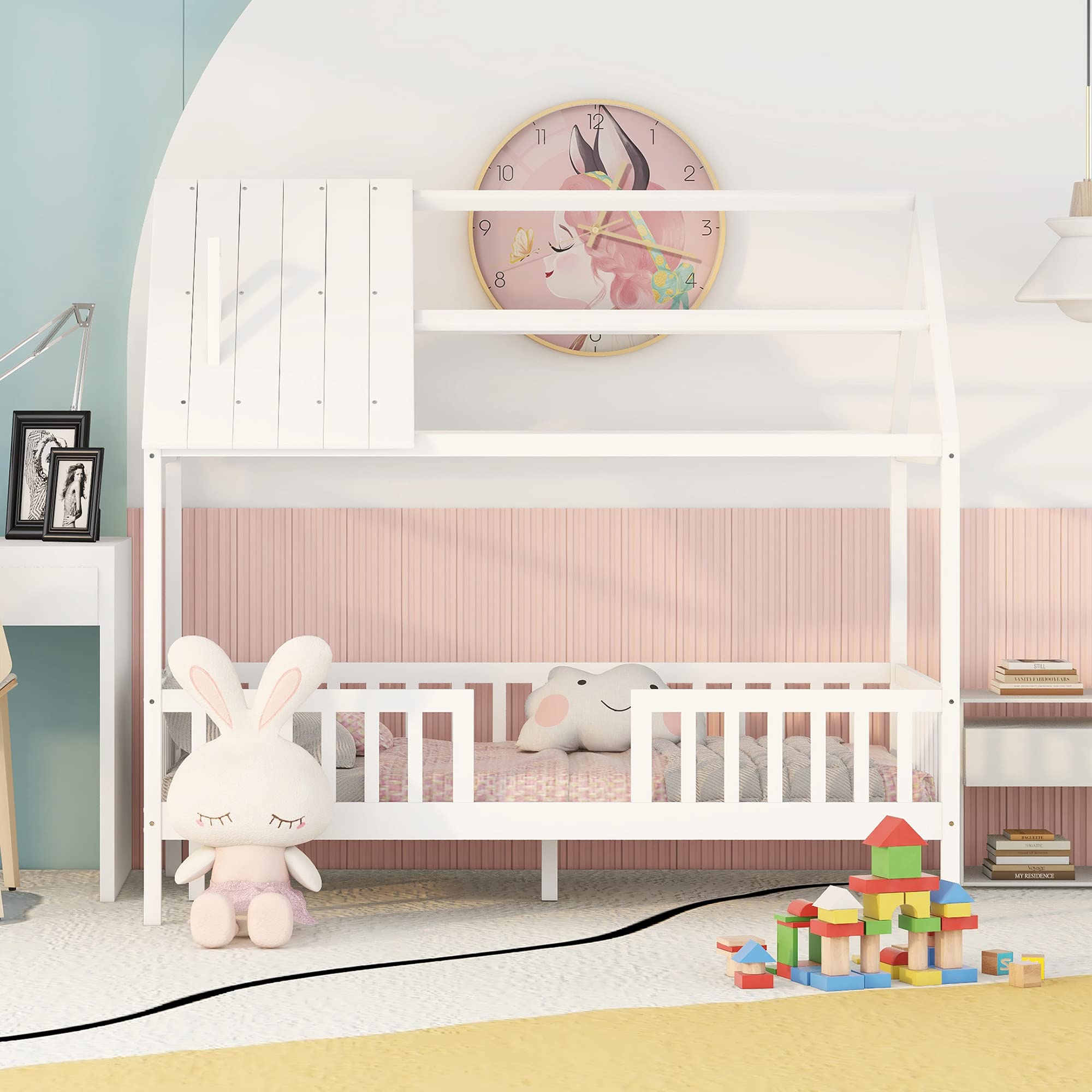 Harper & Bright Designs Twin Size Kids House Bed - Wooden Bed Frame with Roof, Chimney & Fence - Toddler Platform Bed with Slats Support (No Box Spring Needed) - White & White - Perfect for Kids' Bedroom, Playroom & Nursery Decor