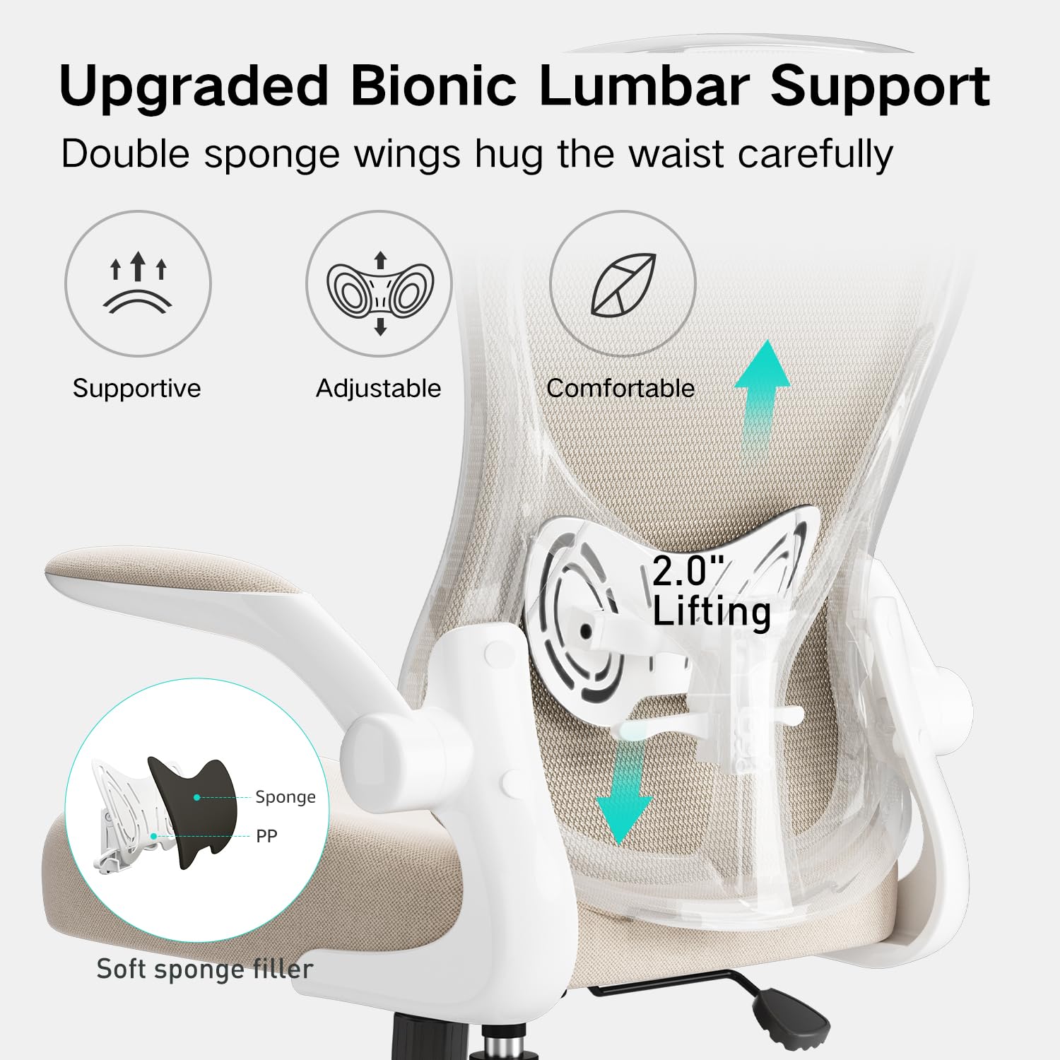 Hbada Ergonomic Office Chair - Adjustable Lumbar Support Mesh Computer Desk Chair with PU Silent Wheels, Flip-Up Armrests & Tilt Function (Grey) - Perfect for Home Office, Gaming & Workspace Comfort