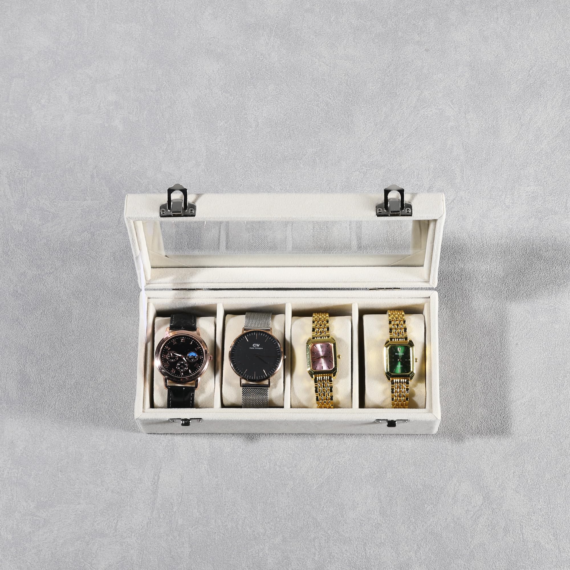 Frebeauty 4-Slot Velvet Watch Box with Glass Lid & Lock - Luxury Watch Organizer for Men & Women - Elegant Watch Display Case & Storage - Perfect Gift for Watch Collectors (Beige) - Ideal for Home, Office & Travel Use