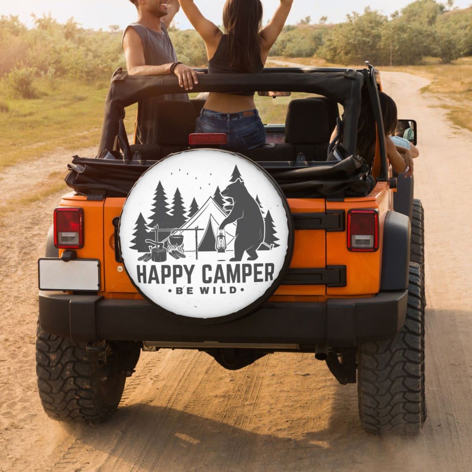 Happy Camper Bear Spare Tire Cover - 15 Inch Dust-Proof Wheel Protector for Trailers, RVs, SUVs & Vehicles | Perfect for Outdoor Adventures & Road Trips