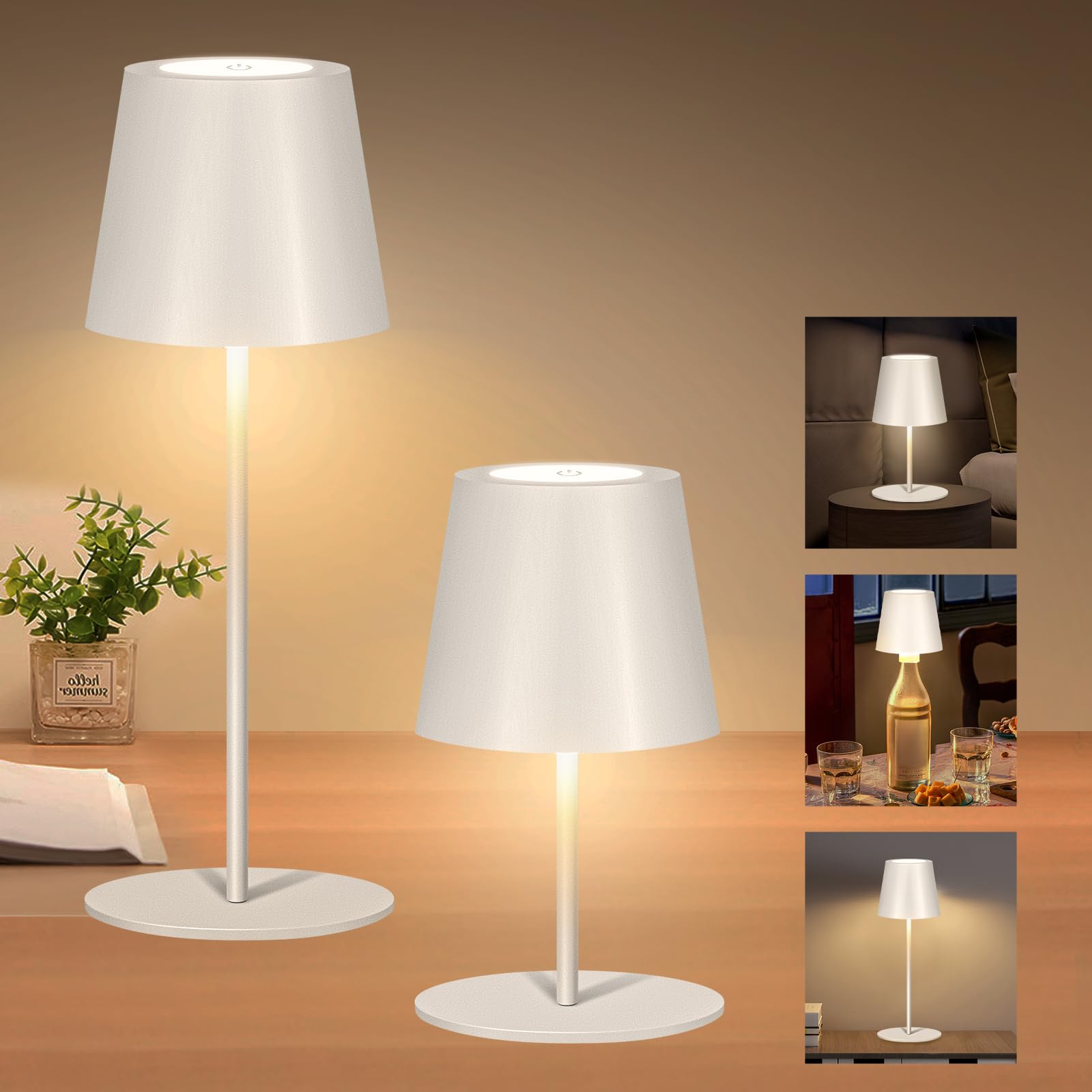 2Pack Cordless Table Lamp - Wireless Bottle Lamp with 3-Level Dimming, 5000mAh Rechargeable Battery, One-Touch Power Off, Waterproof LED Portable Desk Light for Bedroom, Bars, Camping, Outdoor (White) - Perfect for Night Reading, Parties & Emergency Lighting