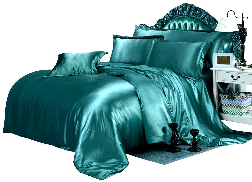 Premium 7-Piece Satin Twin Comforter Set - 500 GSM Teal Blue Duvet Insert with Fitted Sheet (19