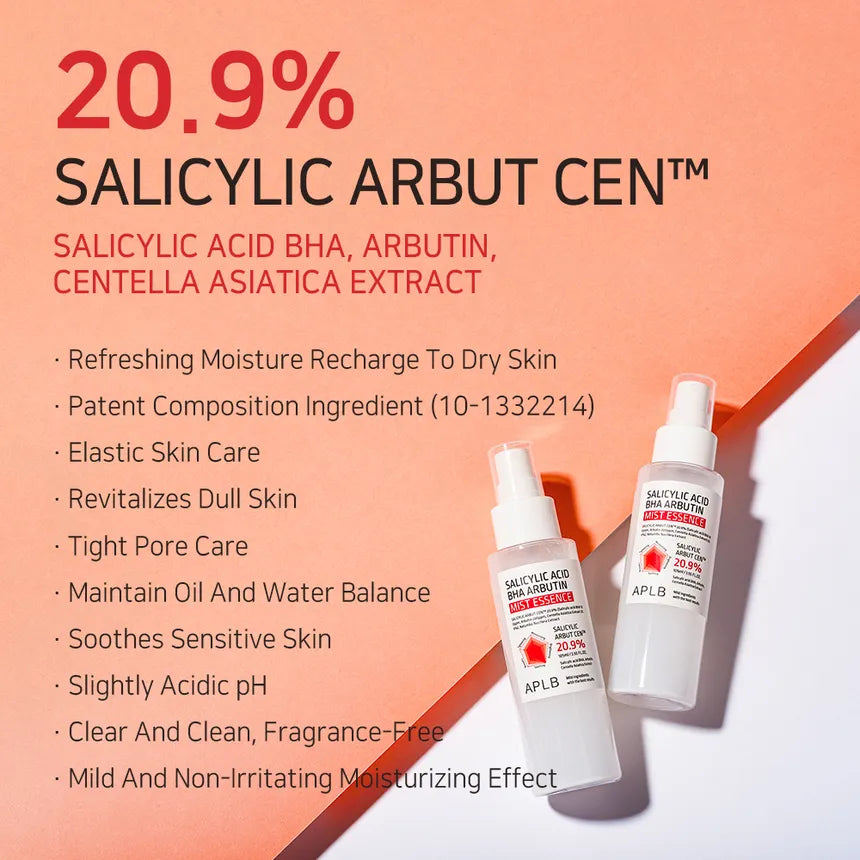 APLB Salicylic Acid BHA & Arbutin Facial Mist Essence 105ml - Hydrating & Brightening Toner for Acne-Prone Skin, Dark Spot Treatment, Korean Skincare