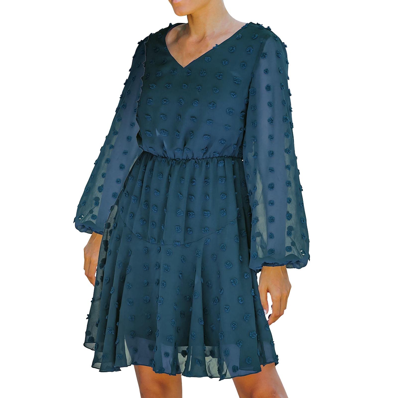 Women's Mesh Long-Sleeve V-Neck Polka Dot Midi Dress with Lining - Perfect for Office Wear, Date Nights & Special Occasions