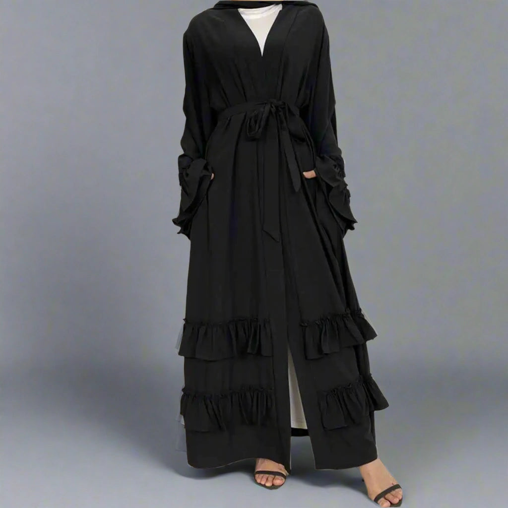 Elegant Muslim Women's Ruffle Sleeve Cardigan Open Robe Abaya Dress - Modest Islamic Clothing for Prayer, Home & Special Occasions