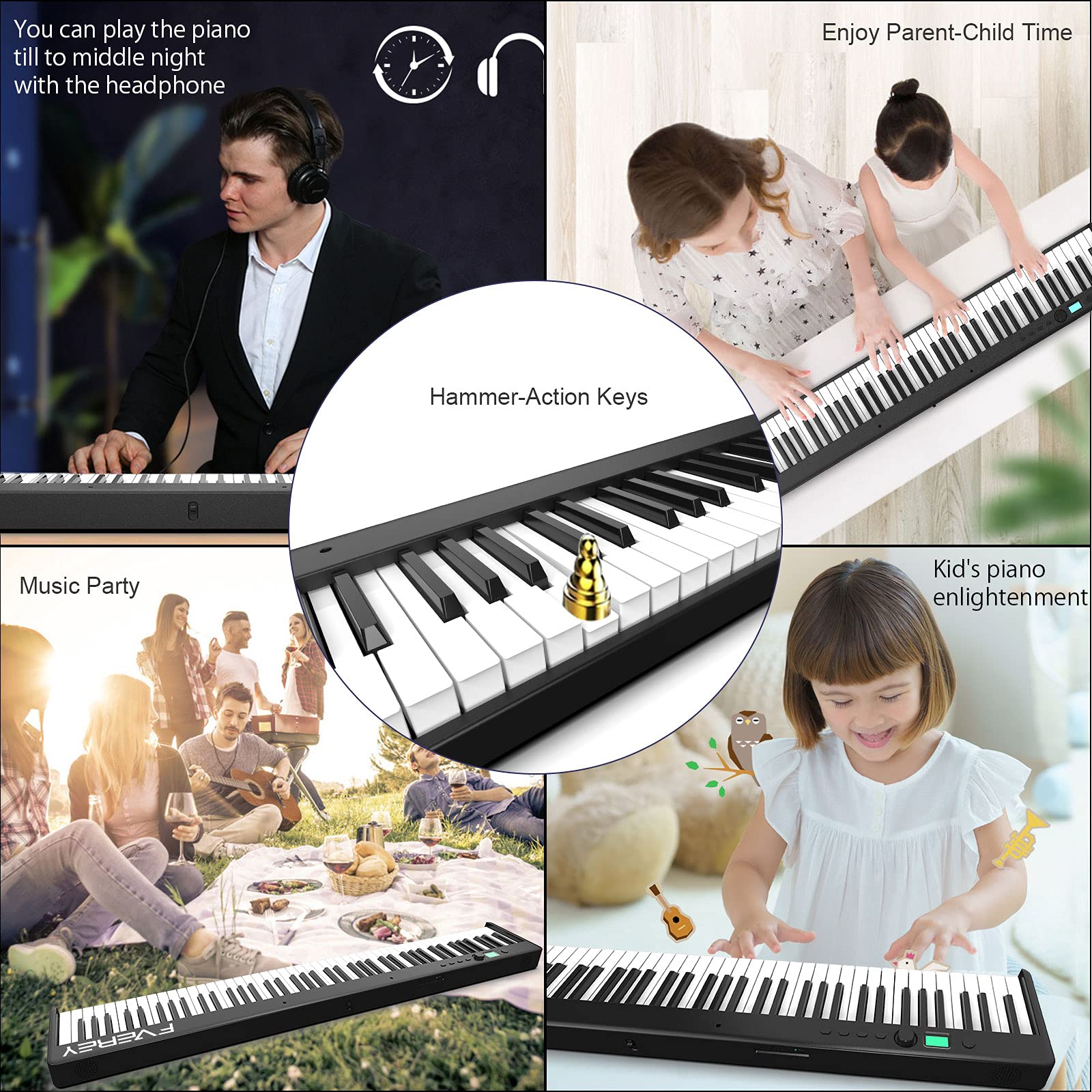 FVEREY 88 Key Folding Piano Keyboard - Semi-Weighted Portable Digital Piano with Sustain Pedal, Bluetooth & USB MIDI - Full Size Electric Keyboard for Beginners & Adults - Perfect for Home Practice, Travel & Studio Recording