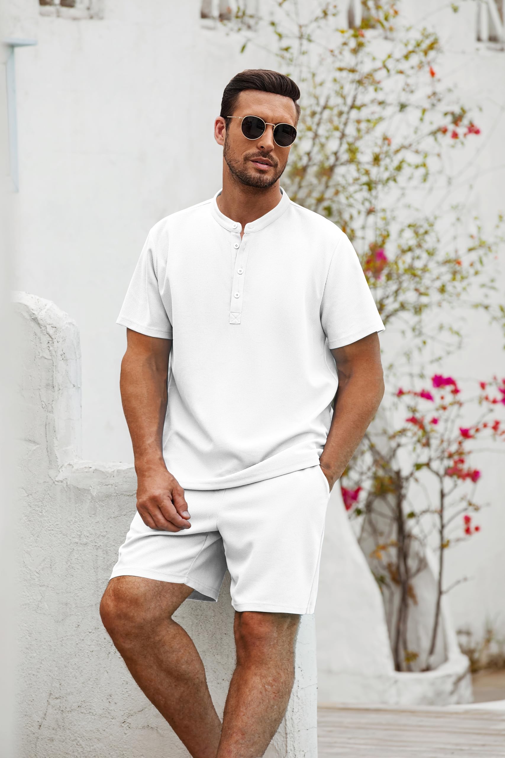 Men's Waffle Knit 2-Piece Summer Outfit - Breathable Short Sleeve Henley Shirt & Stretch Shorts Set | Casual Lounge Wear, Gym Clothes & Vacation Outfits