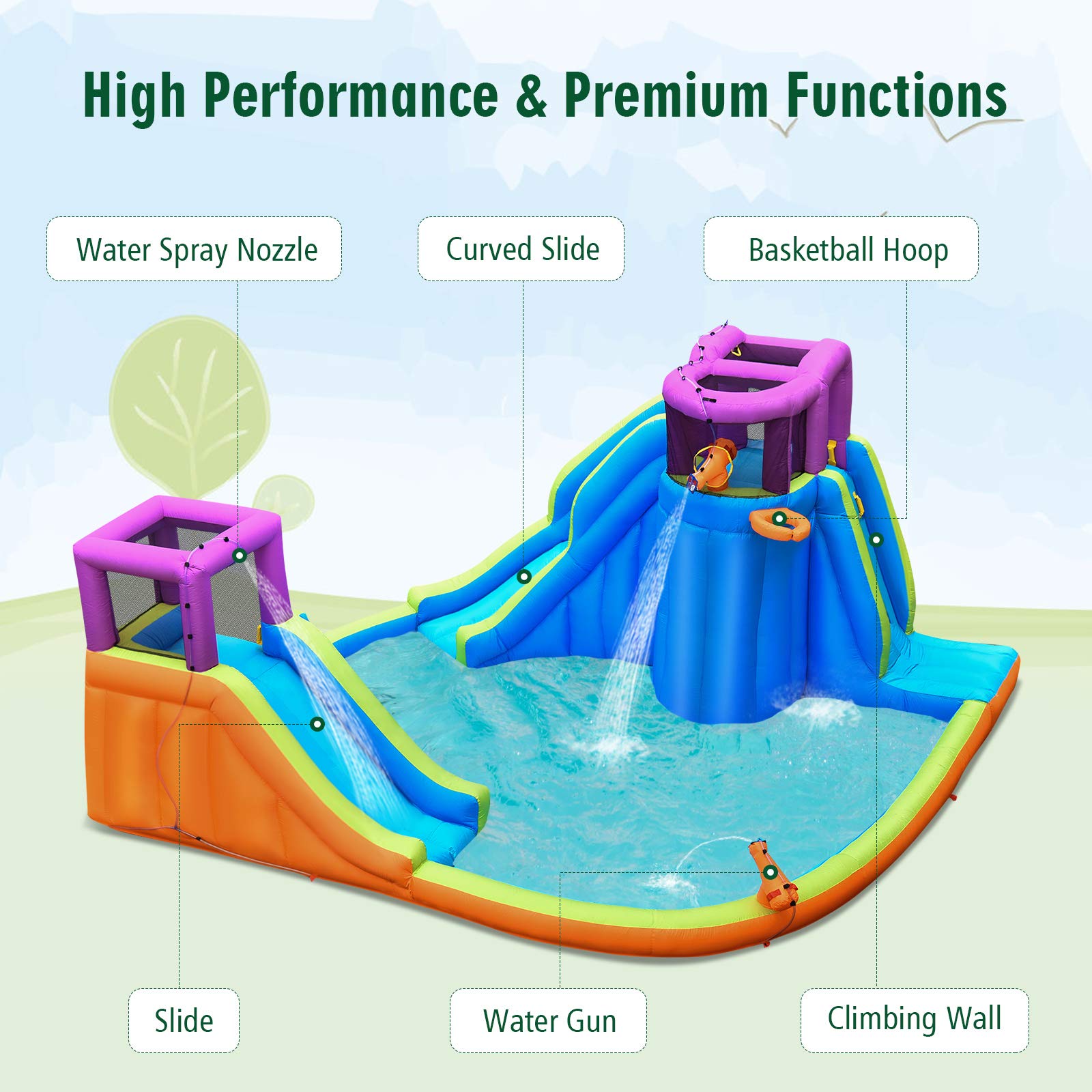 BOUNTECH 15x14.5FT Inflatable Water Slide Park with Dual Slides & Climbing Wall - Mega Outdoor Water Slide for Kids, Splash Pool, Backyard Party Fun - Perfect for Summer Gatherings, Birthday Parties and Family Outdoor Activities
