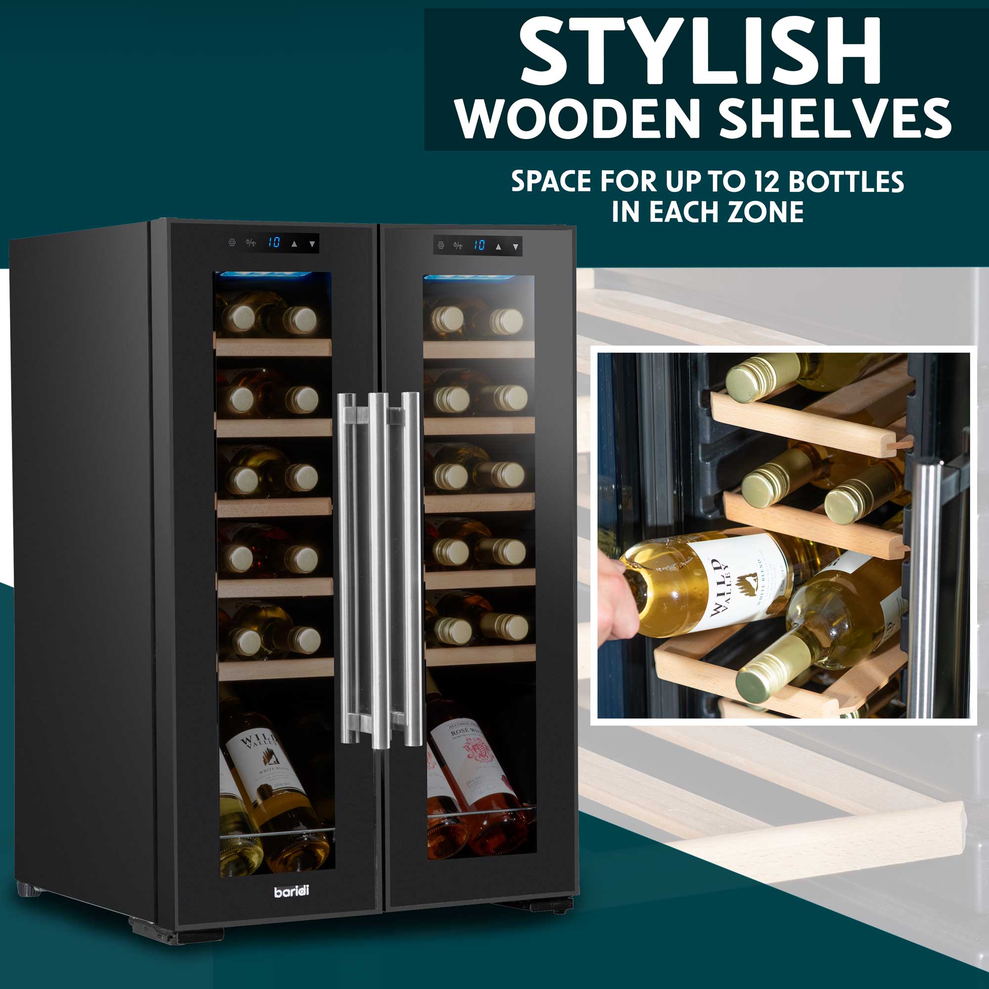Baridi 24 Bottle Dual Zone Wine Cooler Refrigerator with Touch Screen, LED Lighting & Mirror Glass Door - Perfect for Home Bars, Restaurants, and Wine Cellars
