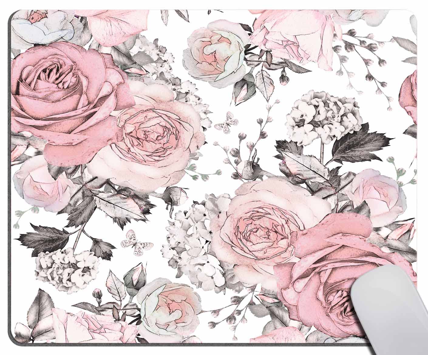 Pink Watercolor Floral Mouse Pad with Grey Flowers & Leaves - Non-Slip Rubber Base Square Mouse Mat for Office & Laptop (9.5