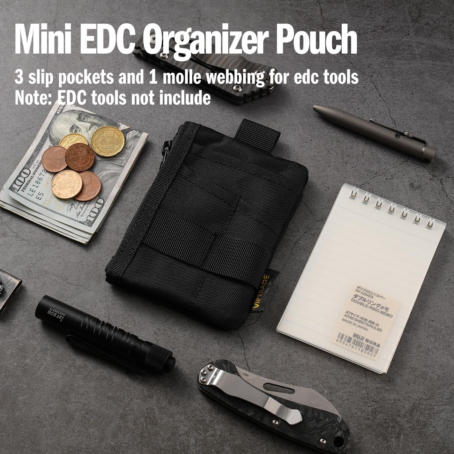 VIPERADE VE28 6-in-1 Mini EDC Pouch Organizer with 6 Pockets - Compact Multitool Keychain Wallet for Men - Perfect for Everyday Carry, Travel, Hiking & Backpack Accessories