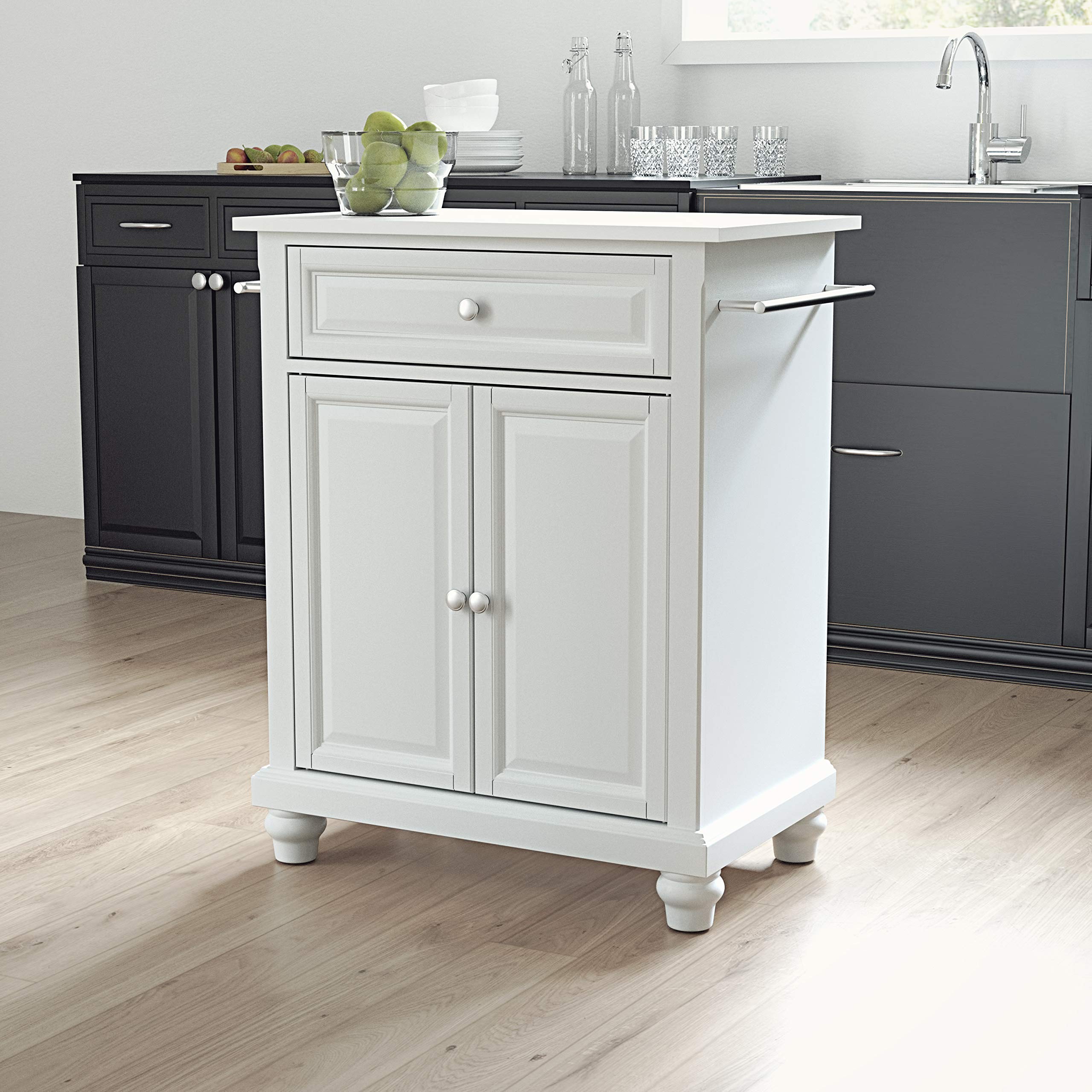 Crosley Cambridge White Rolling Kitchen Island Cart with Stone Top - Portable Microwave Stand, Storage Cart for Small Spaces - Perfect for Apartments, Dorms & Compact Kitchens