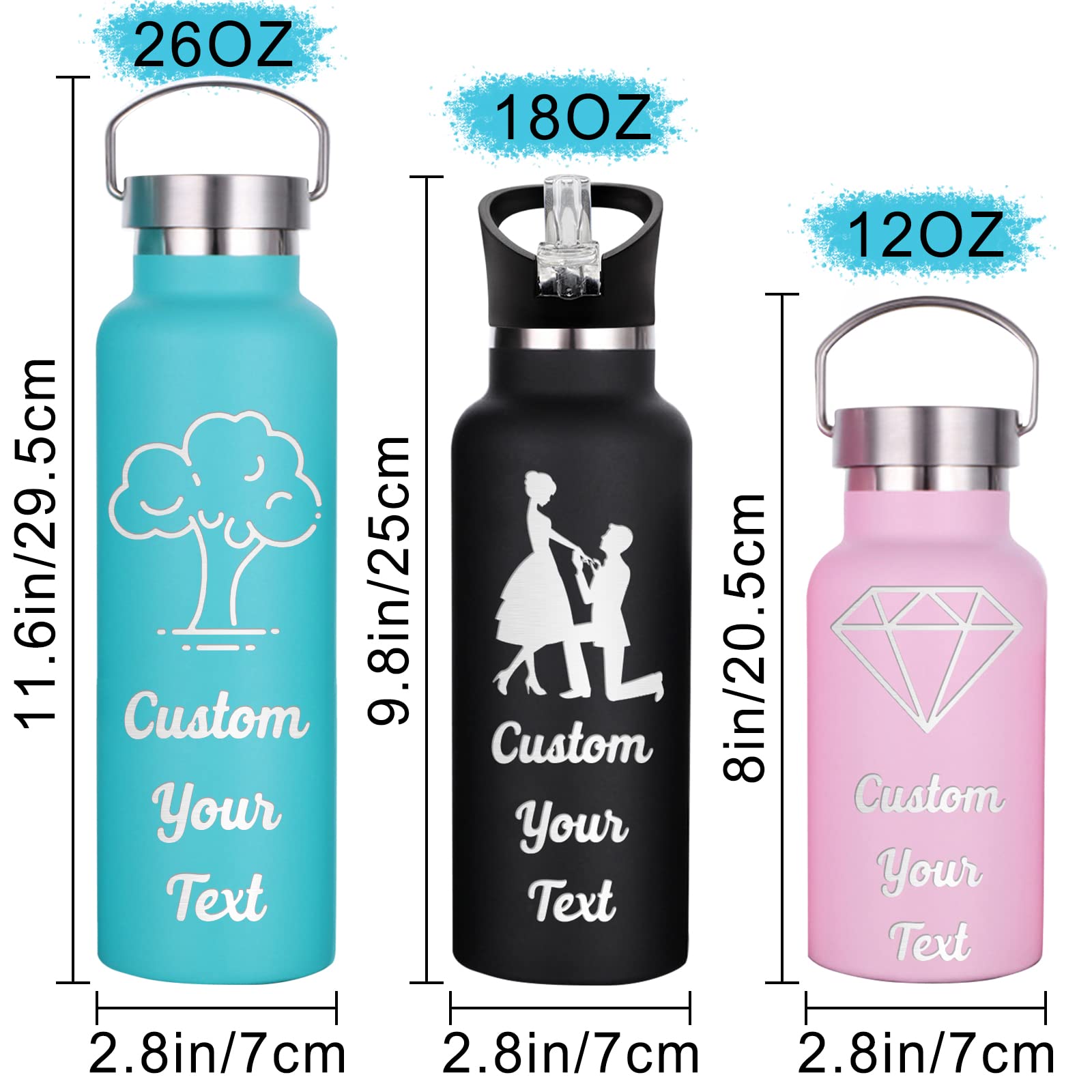 Custom Personalized Water Bottles with Engraved Names - 26oz/12oz Insulated Stainless Steel Bottle with Straw for Kids, Women & Men | Great for School, Gym, Office & Outdoor Activities