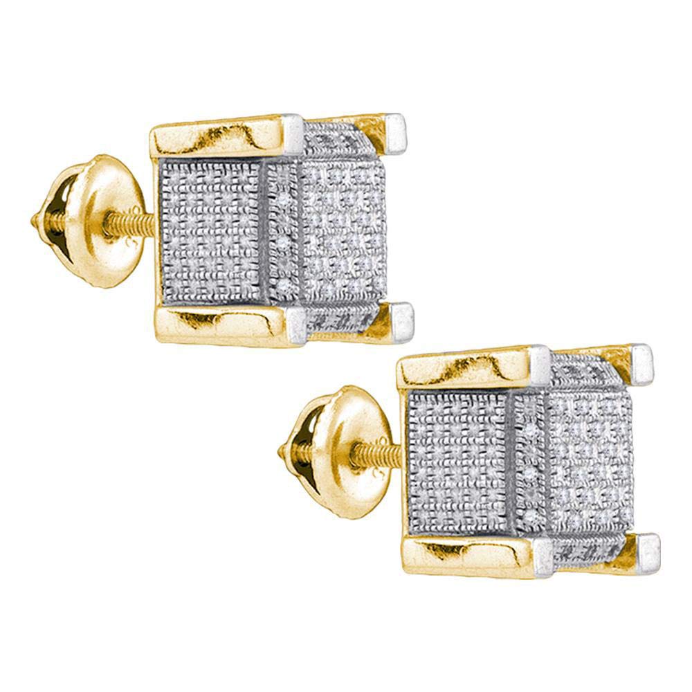 FB Jewels Sterling Silver Men's Round Diamond 3D Square Cluster Stud Earrings - 1/5 Cttw Yellow Tone - Perfect for Gifts, Parties, and Everyday Wear