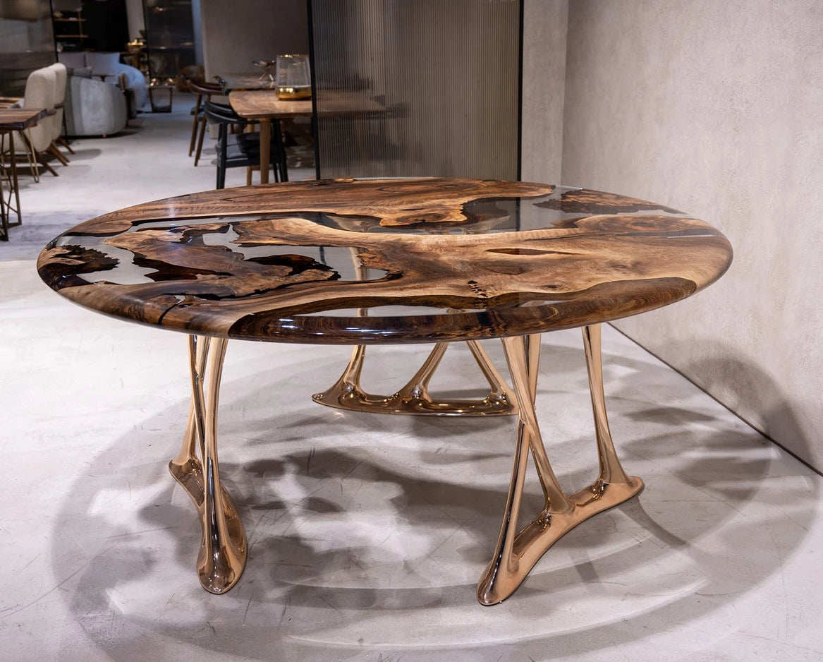 Luxury Round Walnut Dining Table with Rose Gold Aluminum Legs - Modern Kitchen & Dining Room Furniture for Family Gatherings & Dinner Parties