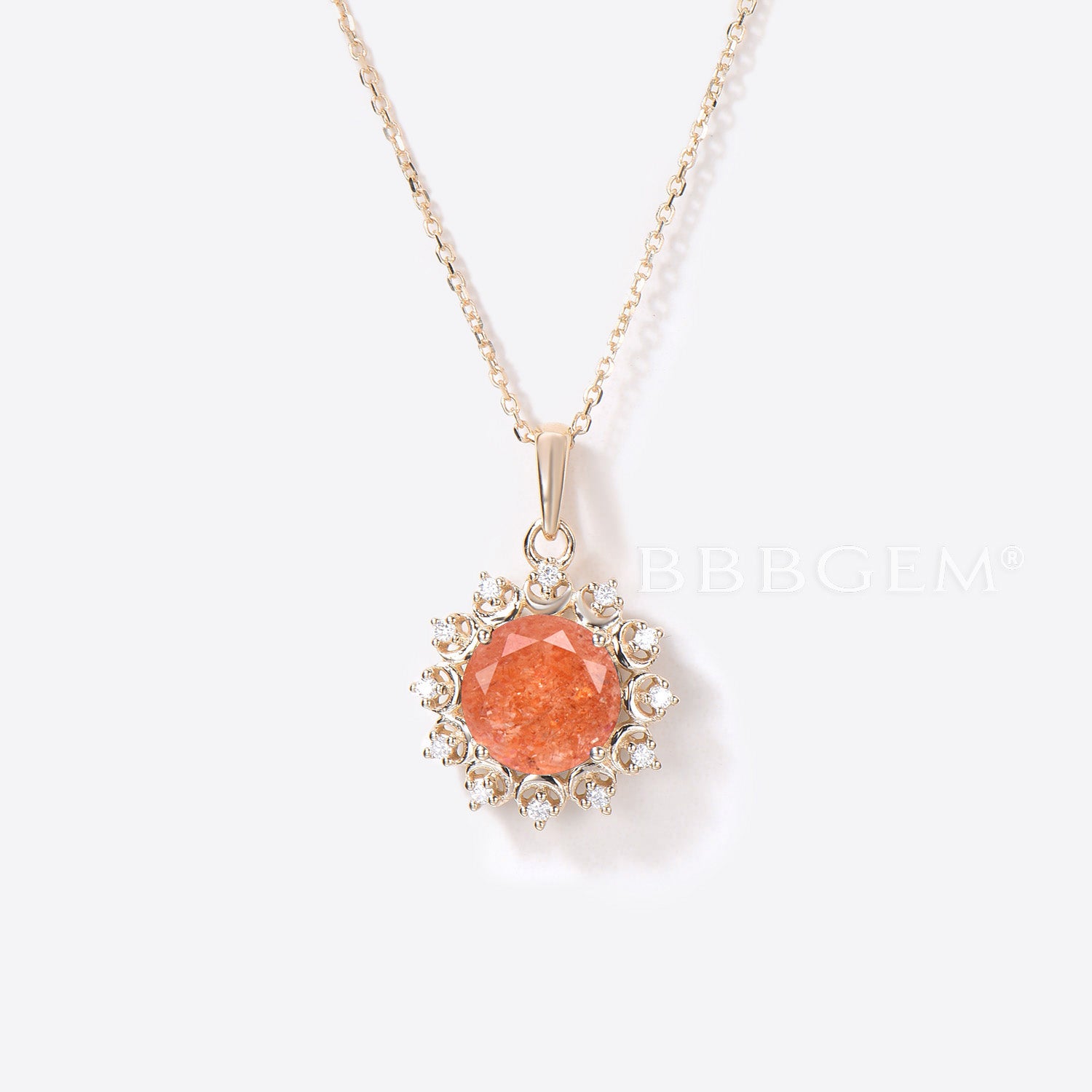 Solid Gold Round Sunstone Necklace with Celestial Moon Halo Diamond Pendant - Elegant Jewelry for Women, Perfect for Weddings, Parties & Special Occasions