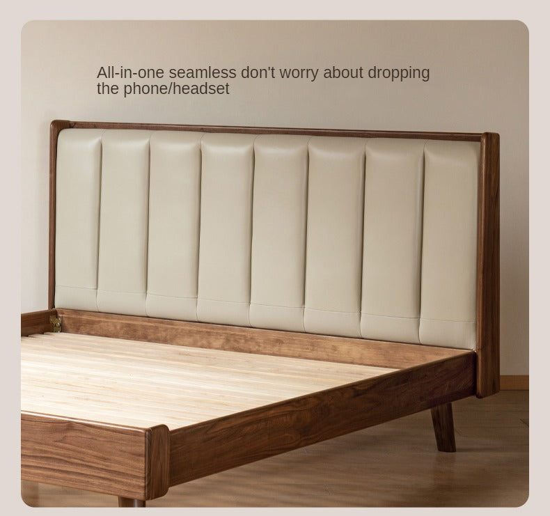 Premium Black Walnut Solid Wood Leather Upholstered Bed Frame with High Soft Back - Modern Bedroom Furniture for Master Suite, Guest Room & Luxury Apartments