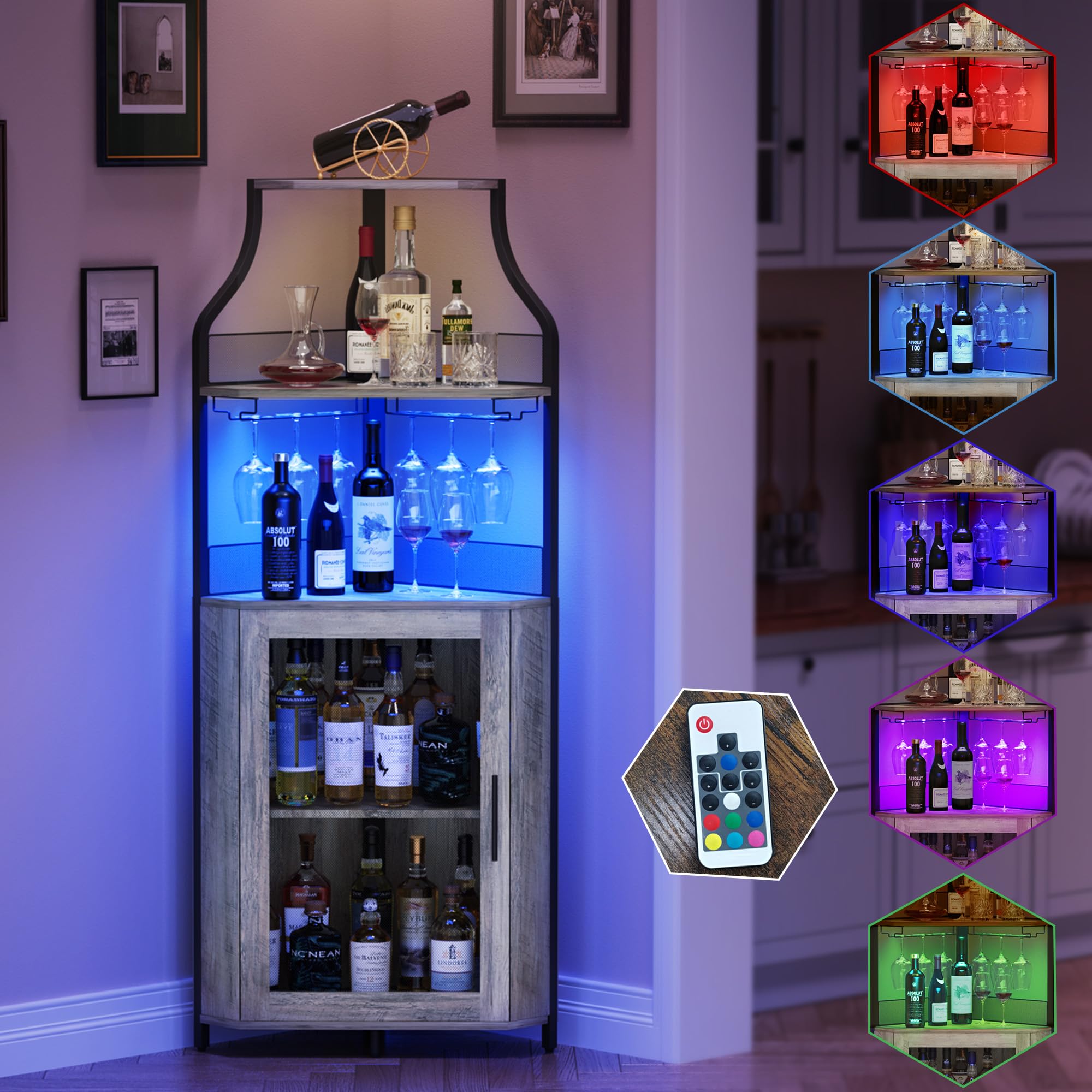 5-Tier Industrial Wine Cabinet with LED Lights & Glass Holder - Adjustable Shelf, Mesh Door - Modern Corner Bar Cabinet for Home, Kitchen, Dining Room - Grey