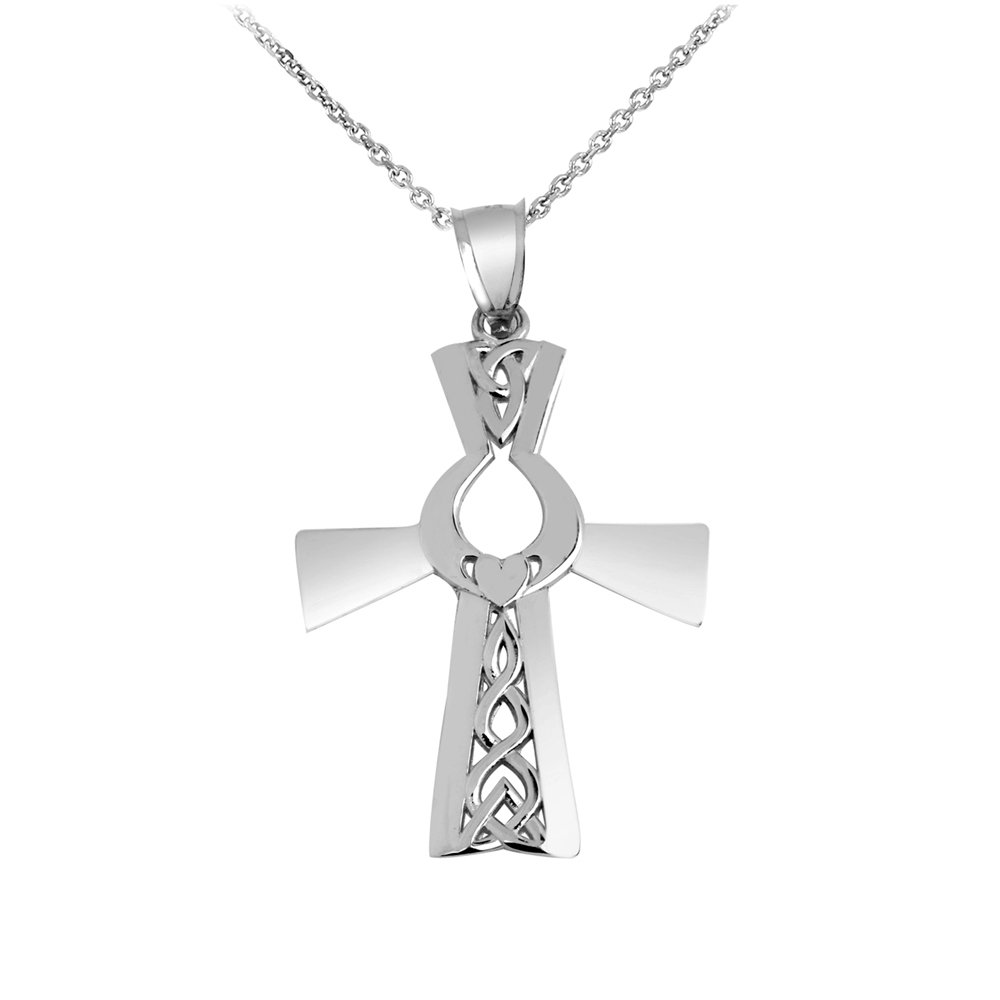 14k White Gold Irish Claddagh Cross Pendant Necklace - High Polish Finish for Women, Perfect for St. Patrick's Day, Weddings & Gifts