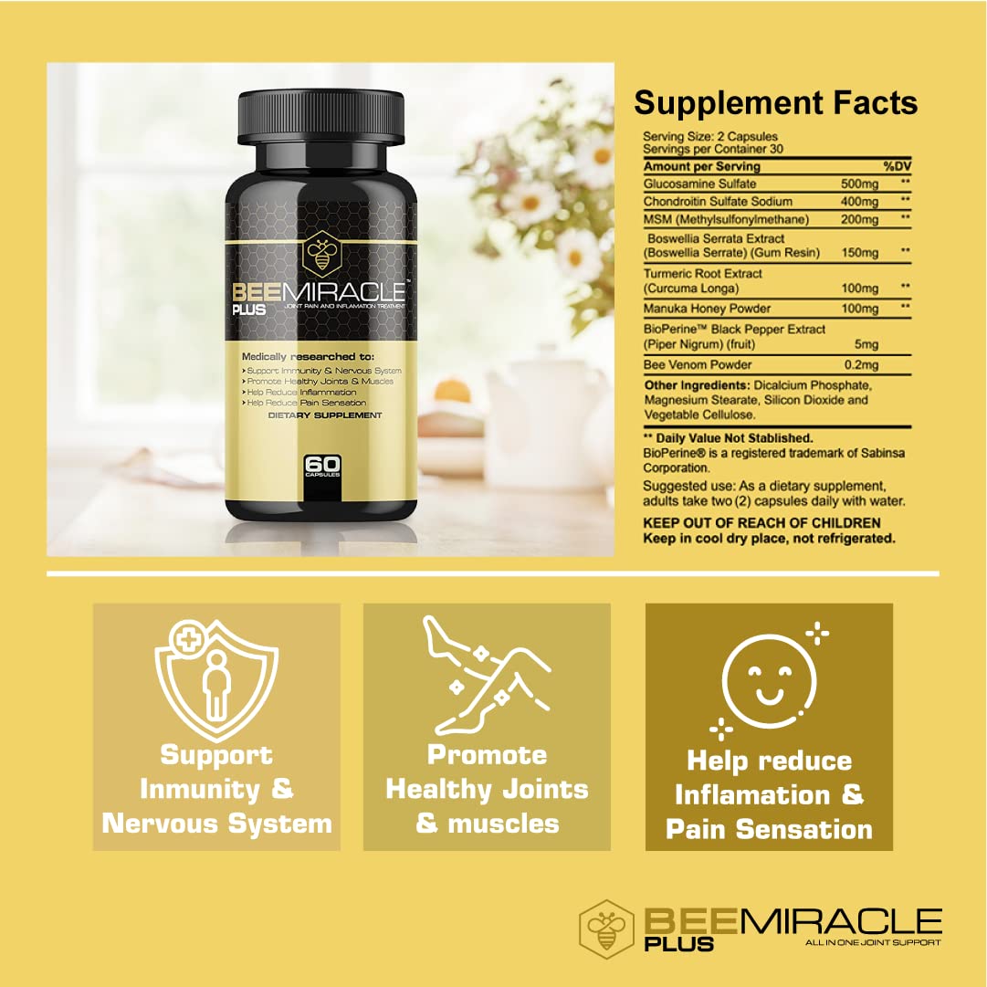 Premium Glucosamine & Apitoxin Supplement for Joint & Muscle Support - 60 Capsules per Bottle (4-Pack) - Relieve Pain & Improve Mobility for Active Lifestyles & Sports Recovery