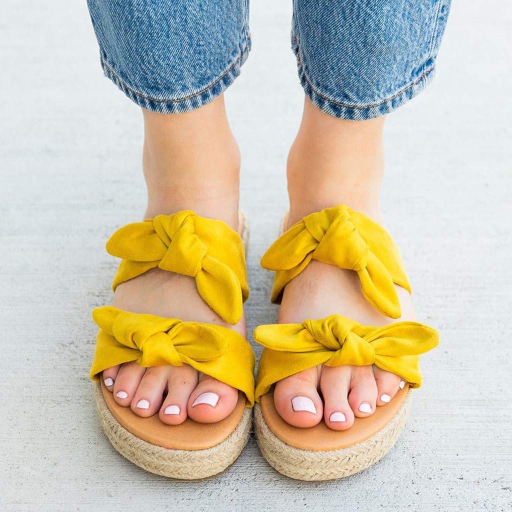 Women's Flat Slide Sandals with Cork Sole & Cute Knot Bow - Breathable Canvas Summer Sandals for Beach, Pool, and Casual Outings
