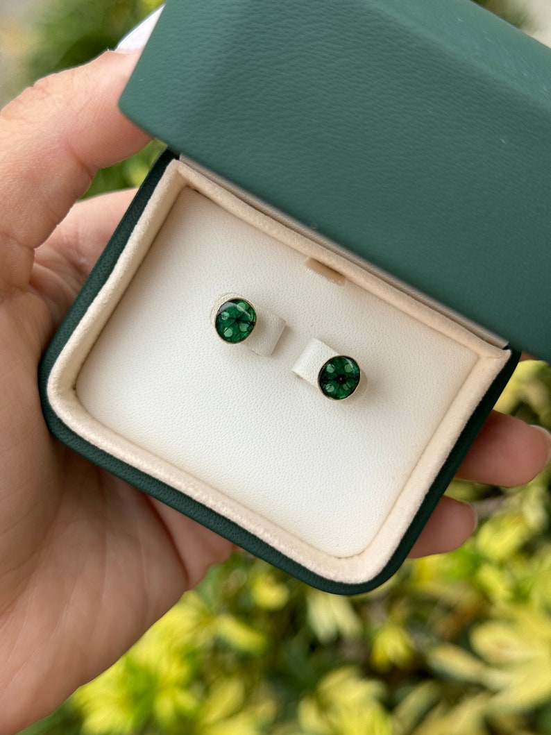 3.0tcw 18K Gold Natural Rich Dark Green Colombian Emerald Oval Trapiche Slice Stud Earrings for Women – Perfect for Weddings, Parties & Special Occasions