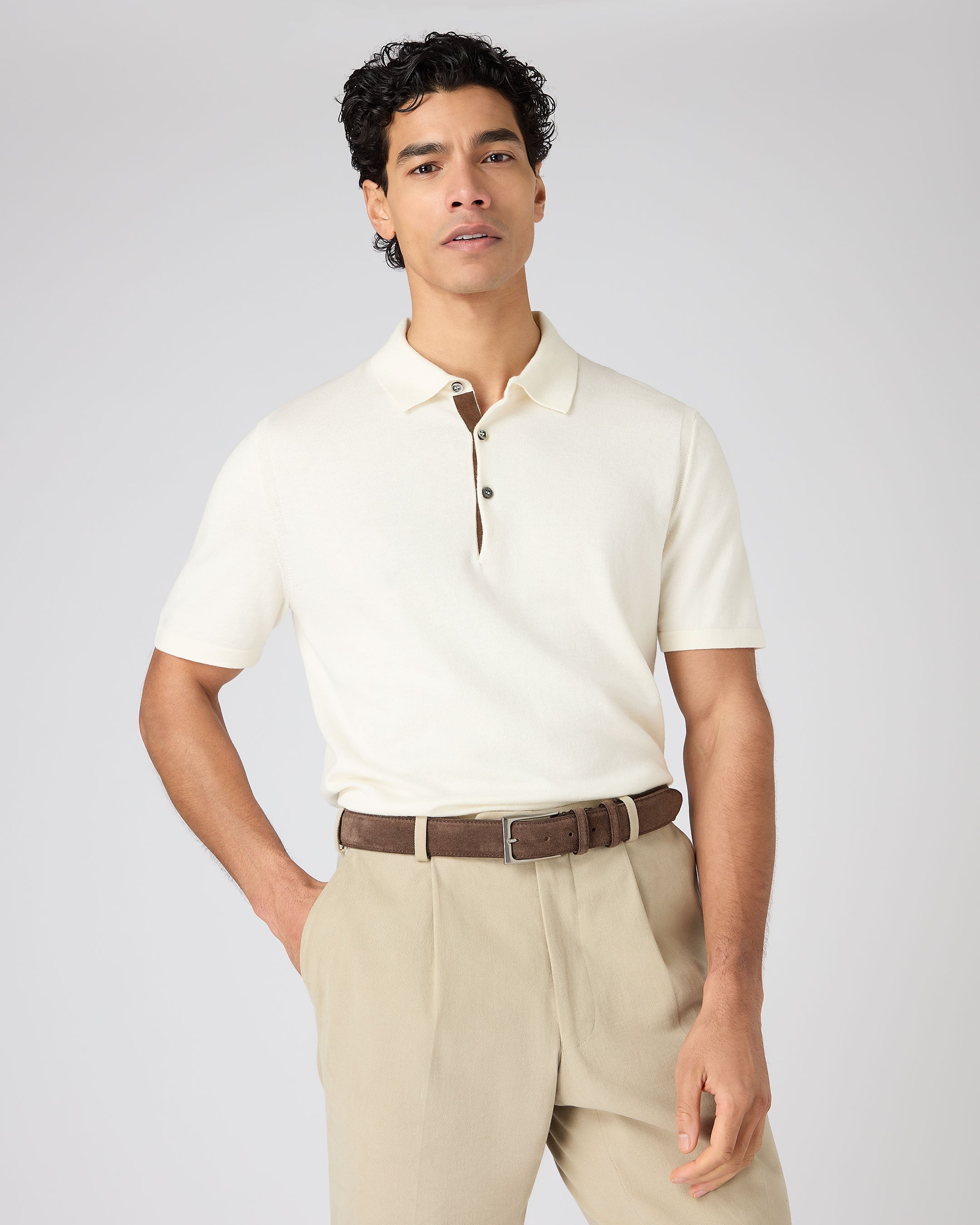 Premium Men's Cotton Cashmere Polo Shirt - Soft Ivory White Crewneck Tee for Casual Wear & Business Casual Outfits