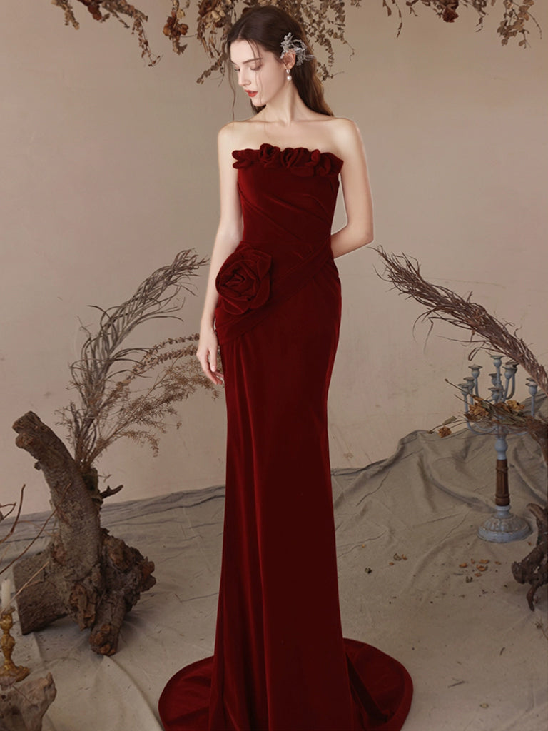 Elegant Mermaid Velvet Burgundy Long Prom Dress for Women - Formal Evening Gown for Homecoming, Ball, Wedding & Special Occasions