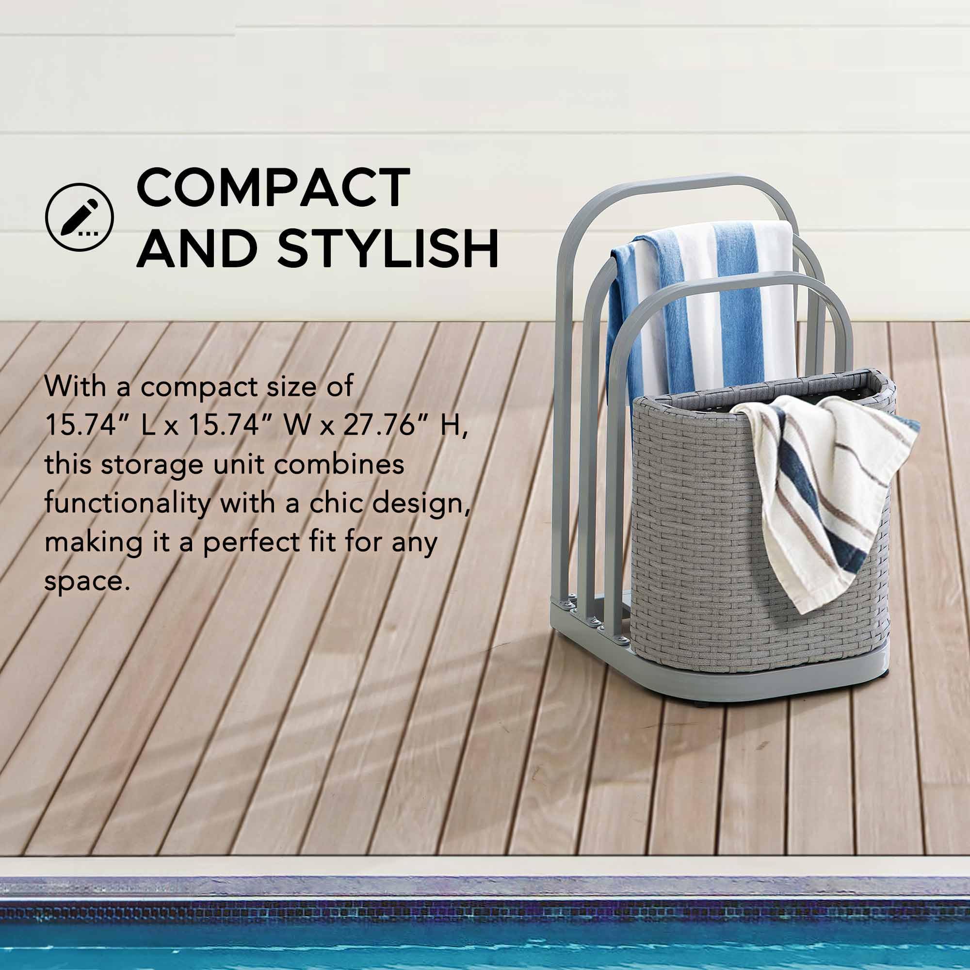 **Sunjoy 16-Inch Rust-Proof Aluminum Pool Float Storage Rack – Outdoor Wicker Poolside Organizer for Cushions, Floaties, Noodles & Toys (Grey) – Perfect for Backyard, Poolside & Beach Storage**