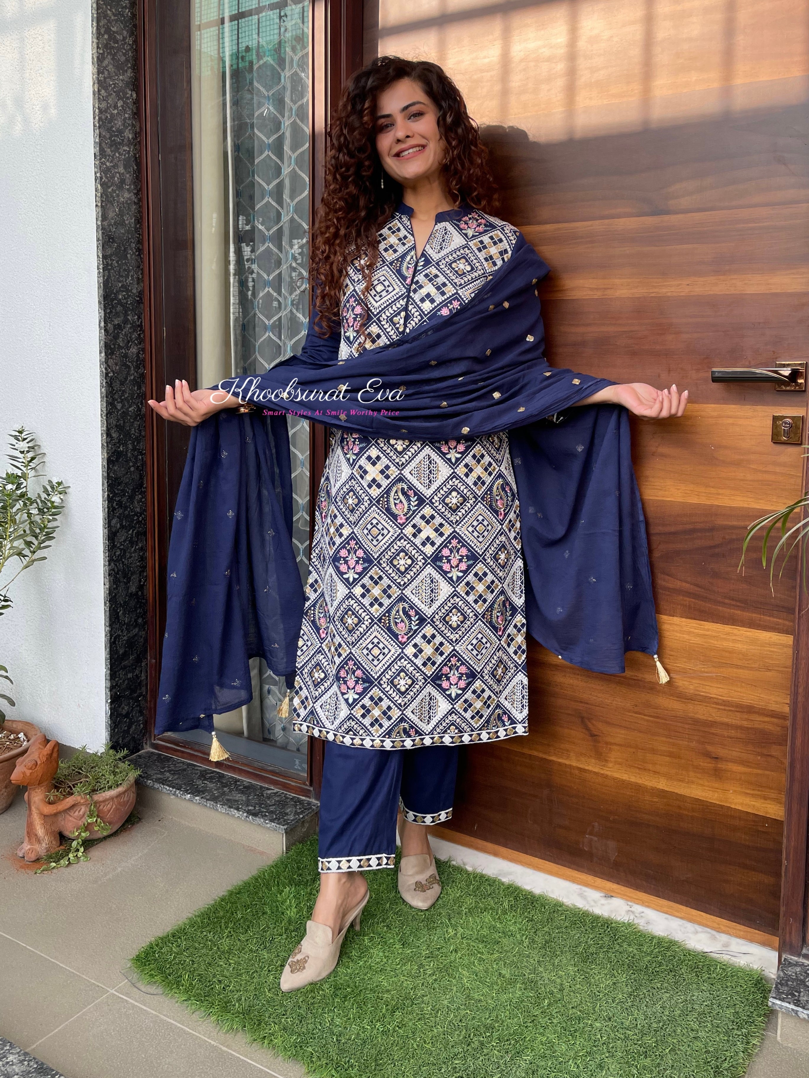Blue Embroidered Festival Suit Set for Women - Traditional Ethnic Outfit for Parties & Celebrations - Perfect for Diwali, Weddings & Cultural Events