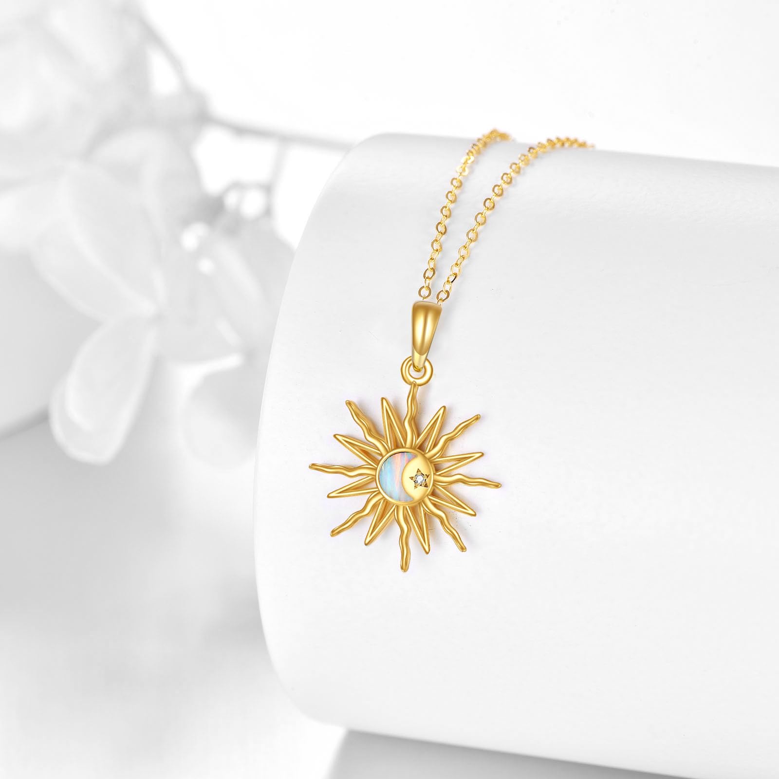 14K Gold Sun Necklace with Opal or Moonstone - Elegant Sunburst Pendant Jewelry for Women | Perfect Gift for Birthday, Anniversary & Everyday Wear