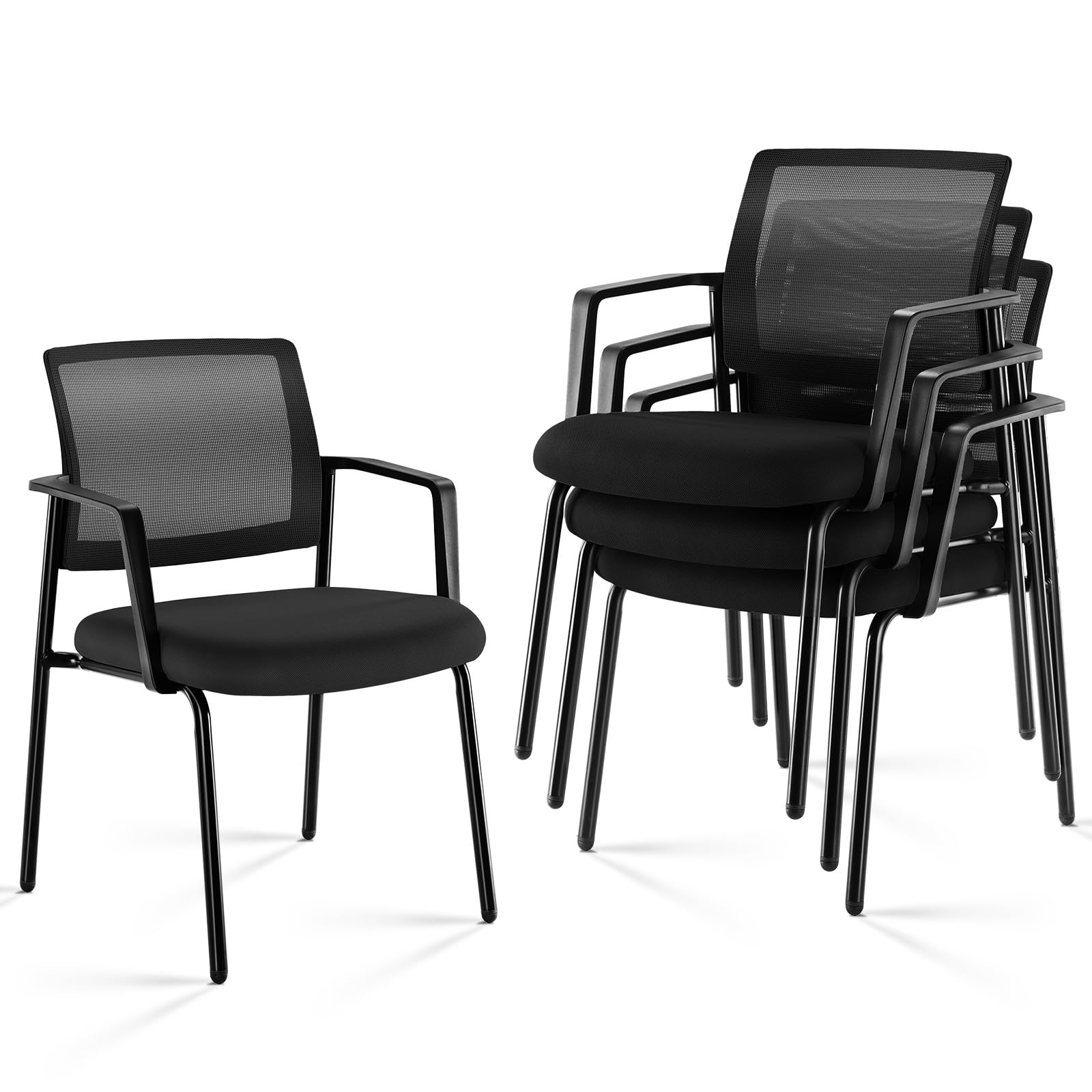 Sweetcrispy 4-Pack Mesh Back Stacking Arm Chairs - Black Upholstered Fabric & Sturdy Metal Frame for Indoor/Outdoor Use - Perfect for Home, Office, Party, Restaurant, and Event Seating - Comfortable & Space-Saving Stackable Chairs
