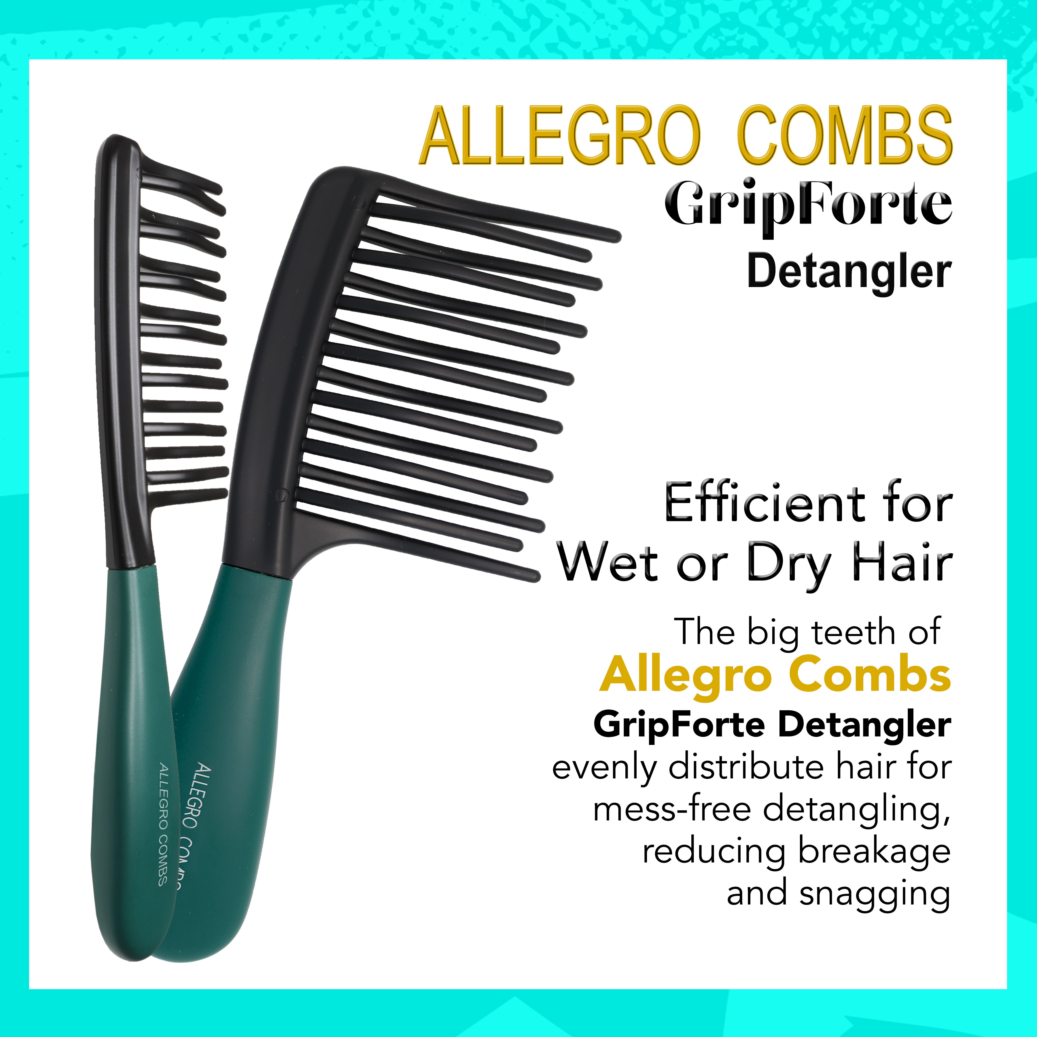 Allegro Gripforte Wide Tooth Detangling Comb for Curly & Wavy Hair - Gentle Hair Brush for Women - Perfect for Wet Hair, Thick Hair & Daily Styling