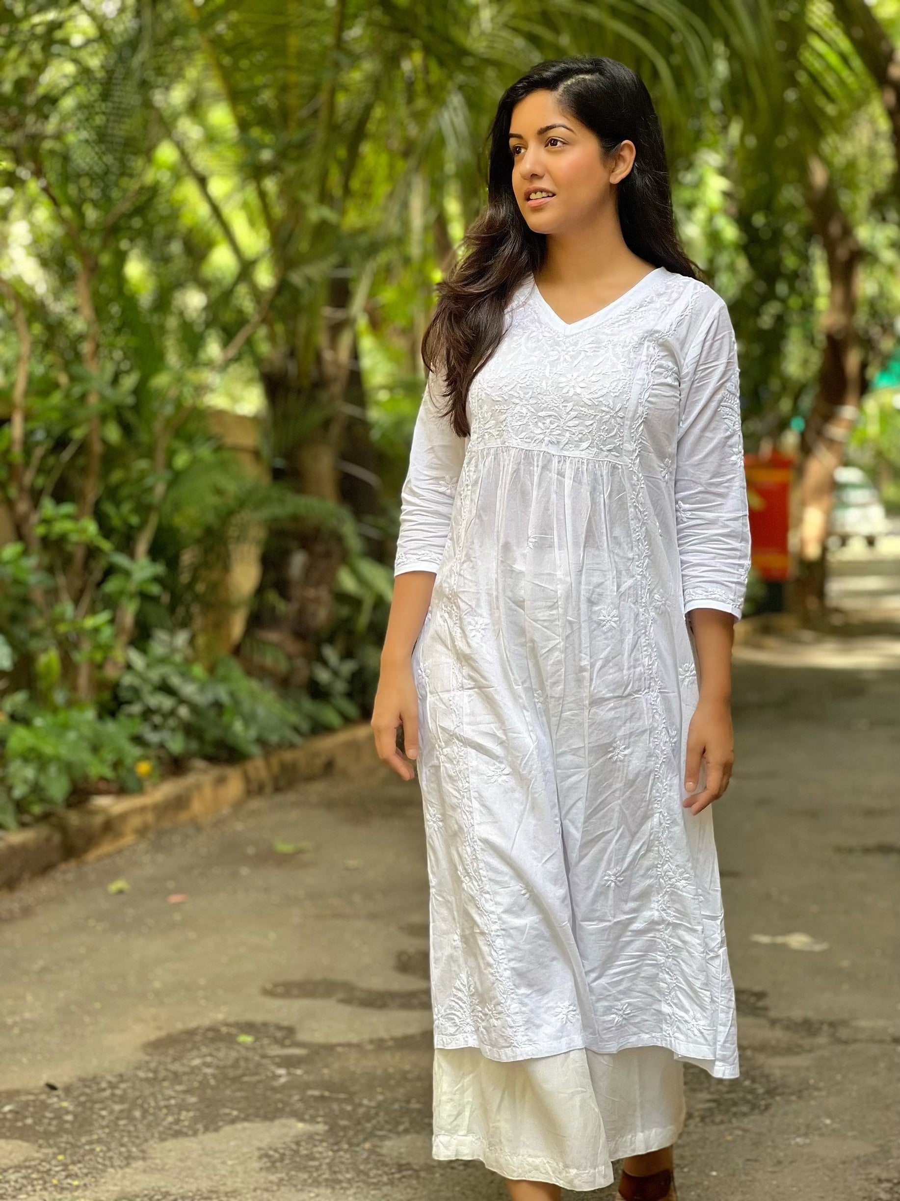 Hand Embroidered Chikankari Long Kurta for Women - White Traditional Indian Dress for Casual Wear & Festive Occasions