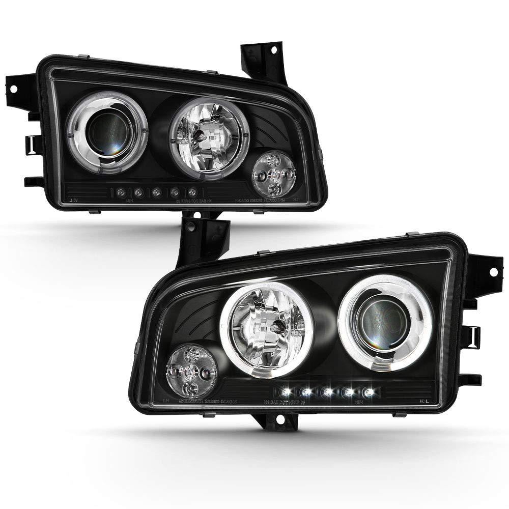 ACANII LED Halo Black Housing Projector Headlights Assembly for 2006-2010 Dodge Charger - Driver & Passenger Side - Upgrade Your Ride with Bright, Durable Lighting for Night Driving & Enhanced Style