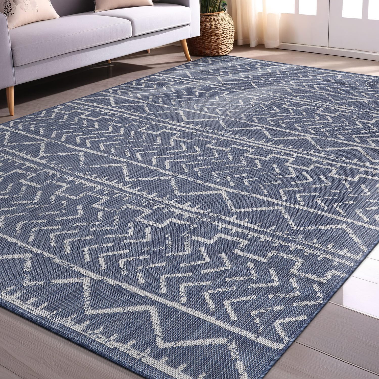 Beverly Rug Waikiki 6x9 Indoor Outdoor Washable Carpet - Water Resistant Blue & White Area Rug for Patio, Deck, Porch, Trellis | Perfect for Beach Houses, Poolside Lounging & Summer Entertaining