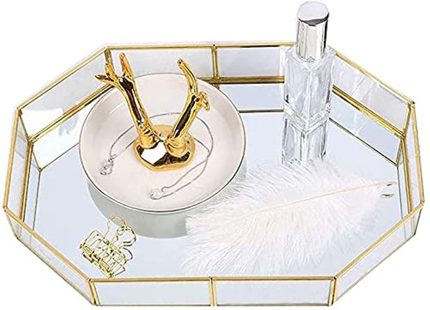 Decorative Gold Leaf Metal Mirror Vanity Tray - 12.4x8.5x2 Inch Jewelry Organizer & Dresser Catchall - Elegant Polygon Design for Jewelry Display, Makeup Storage & Home Decor - Perfect for Bedroom, Bathroom & Entryway Organization
