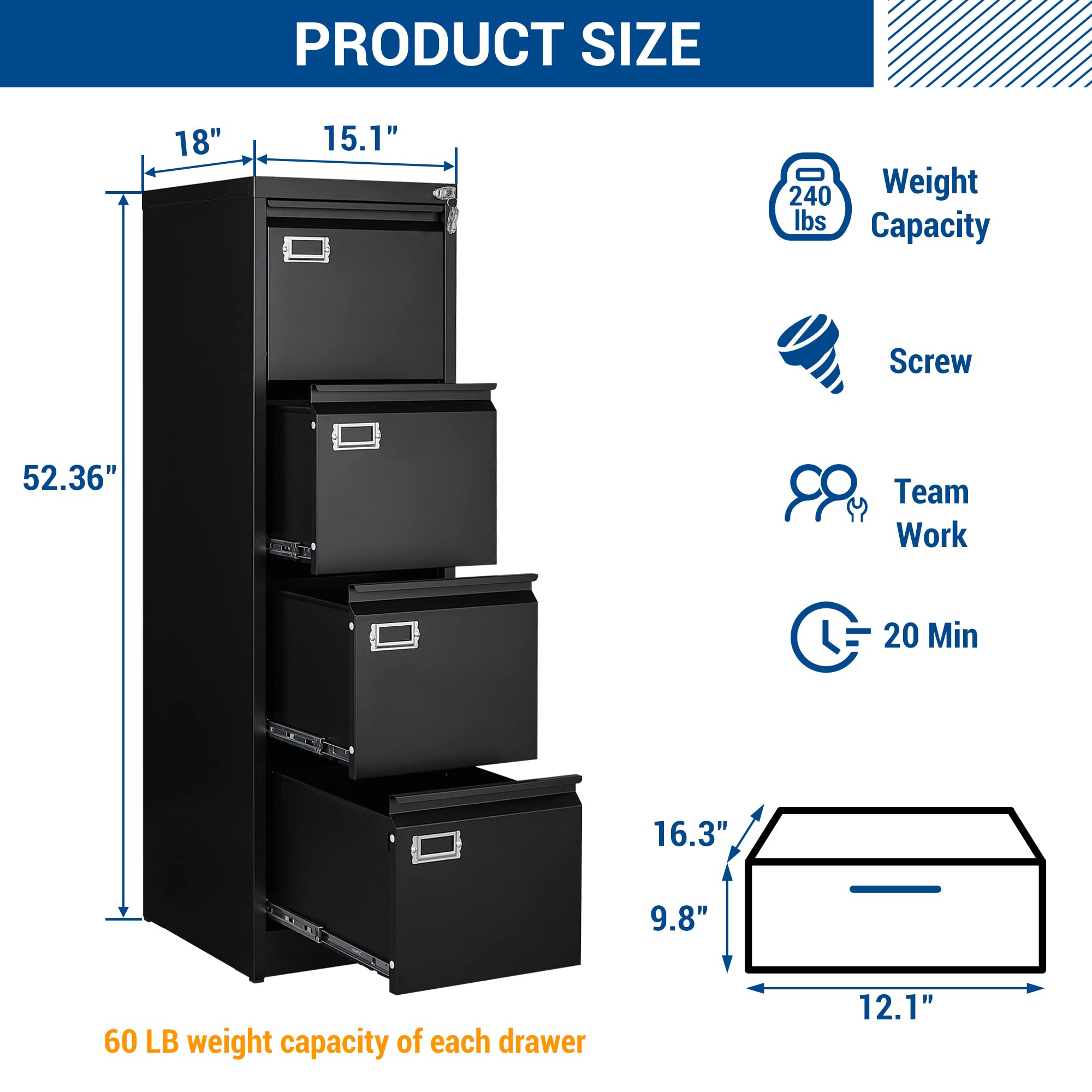 4-Drawer Metal File Cabinet - Lockable Storage for Home & Office - Organize Letter/Legal/A4 Files