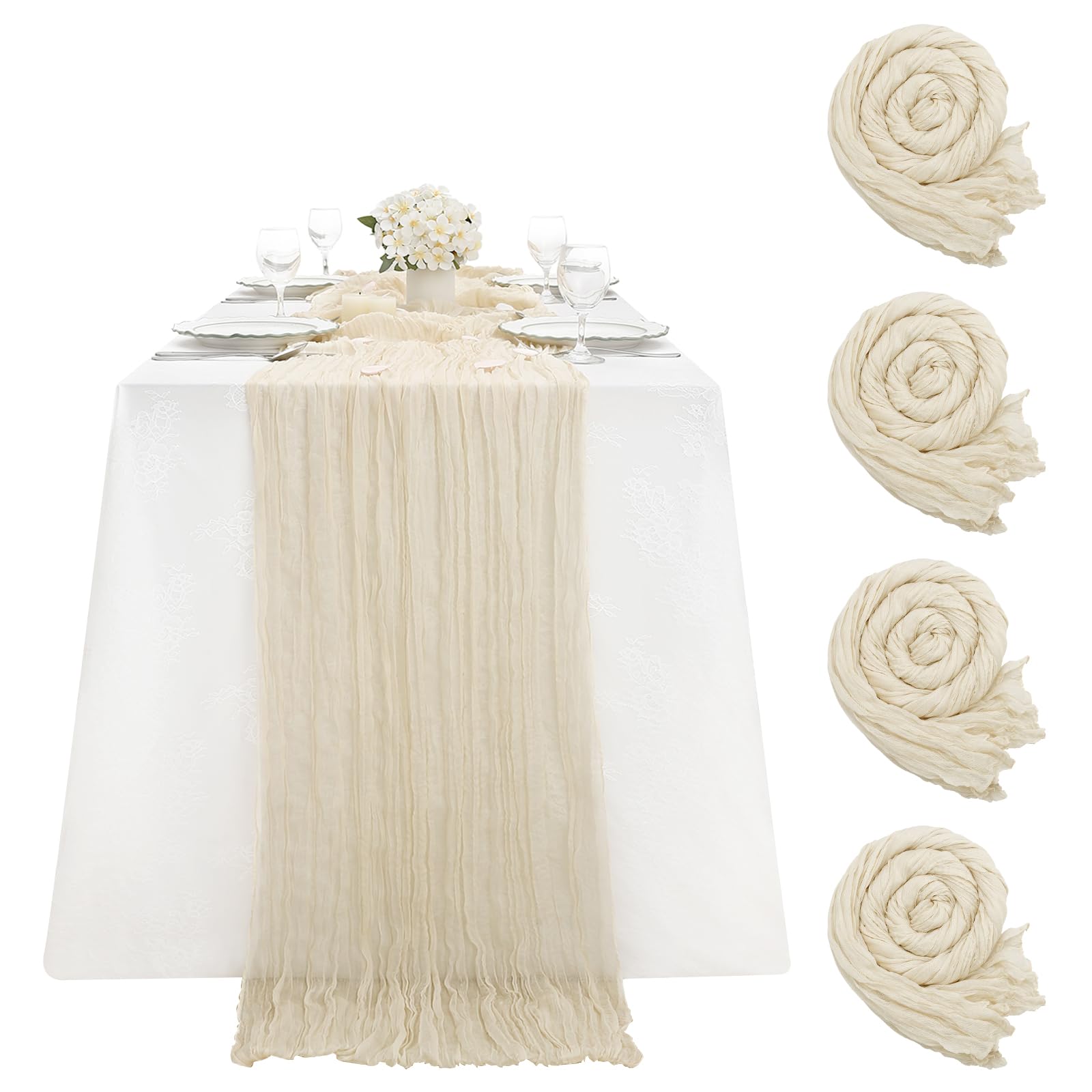 Beige Cheesecloth Table Runner 36x120 Inches - 4 Pack Rustic Gauze Table Swags for Farmhouse Decor, Wedding Centerpieces & Holiday Table Settings